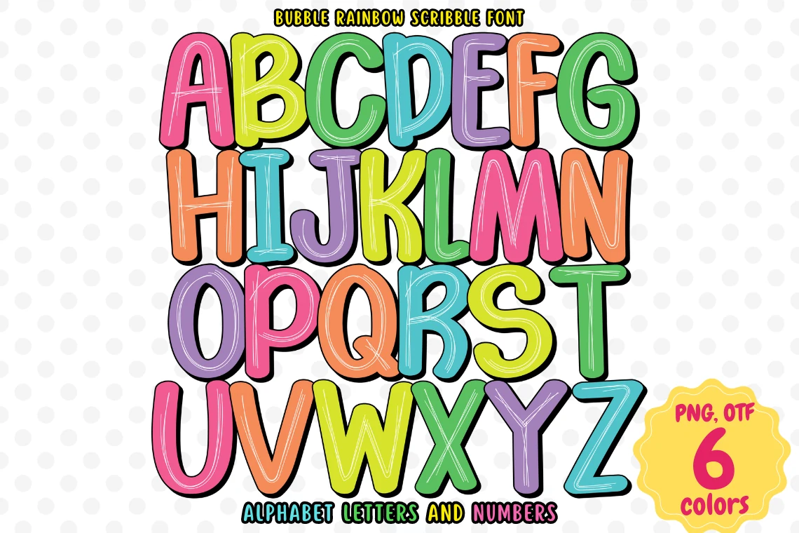 Bubble Rainbow Scribble Font preview with colorful bubble letters and hand-drawn scribble texture