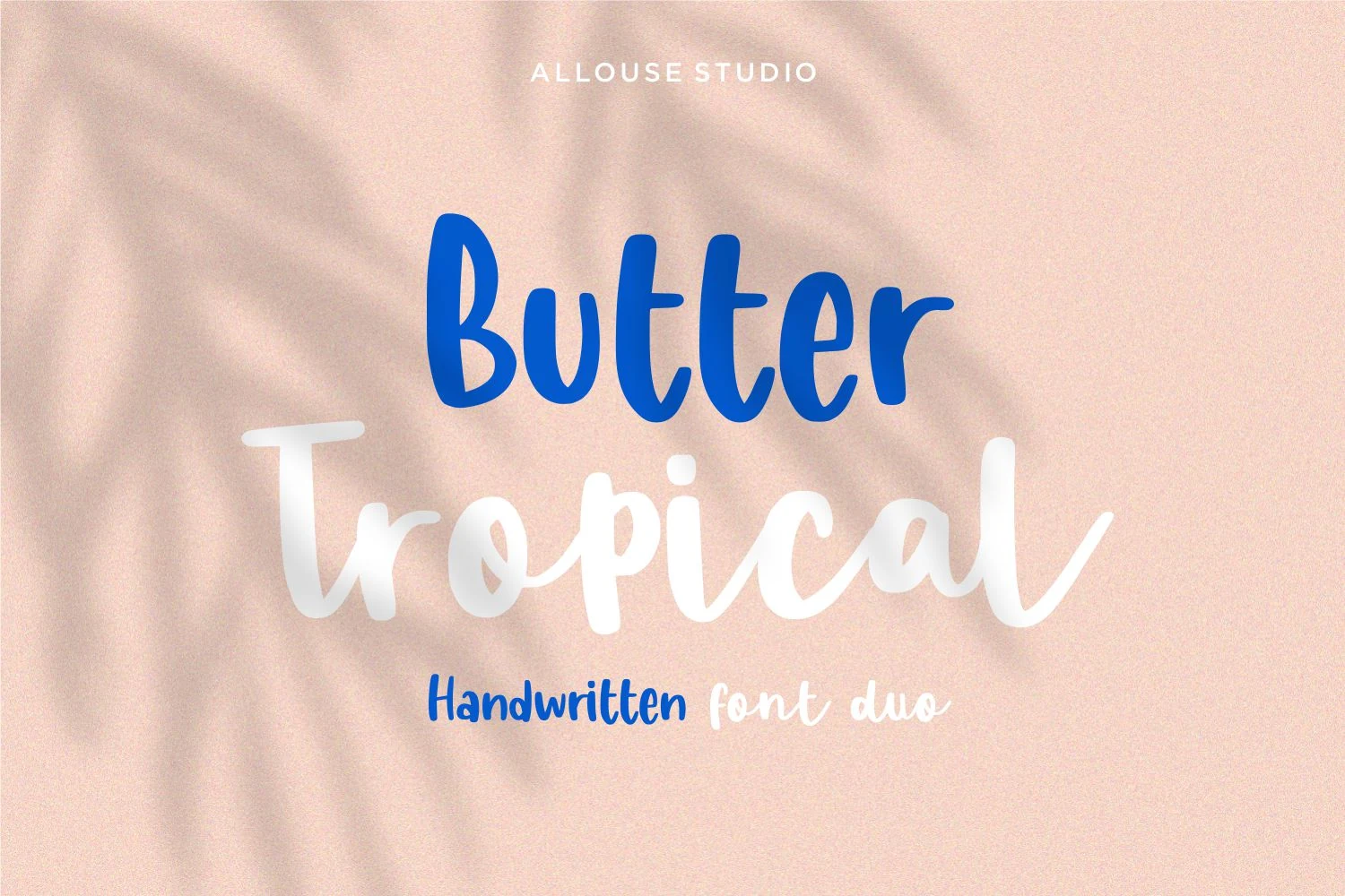 Butter Tropical Font preview with rounded blue handwritten lettering and soft white brush script