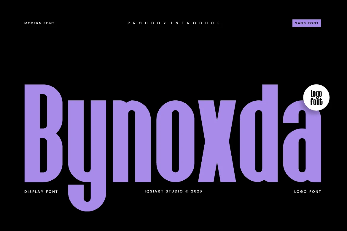 Bynoxda Font preview with bold condensed purple sans serif lettering on black