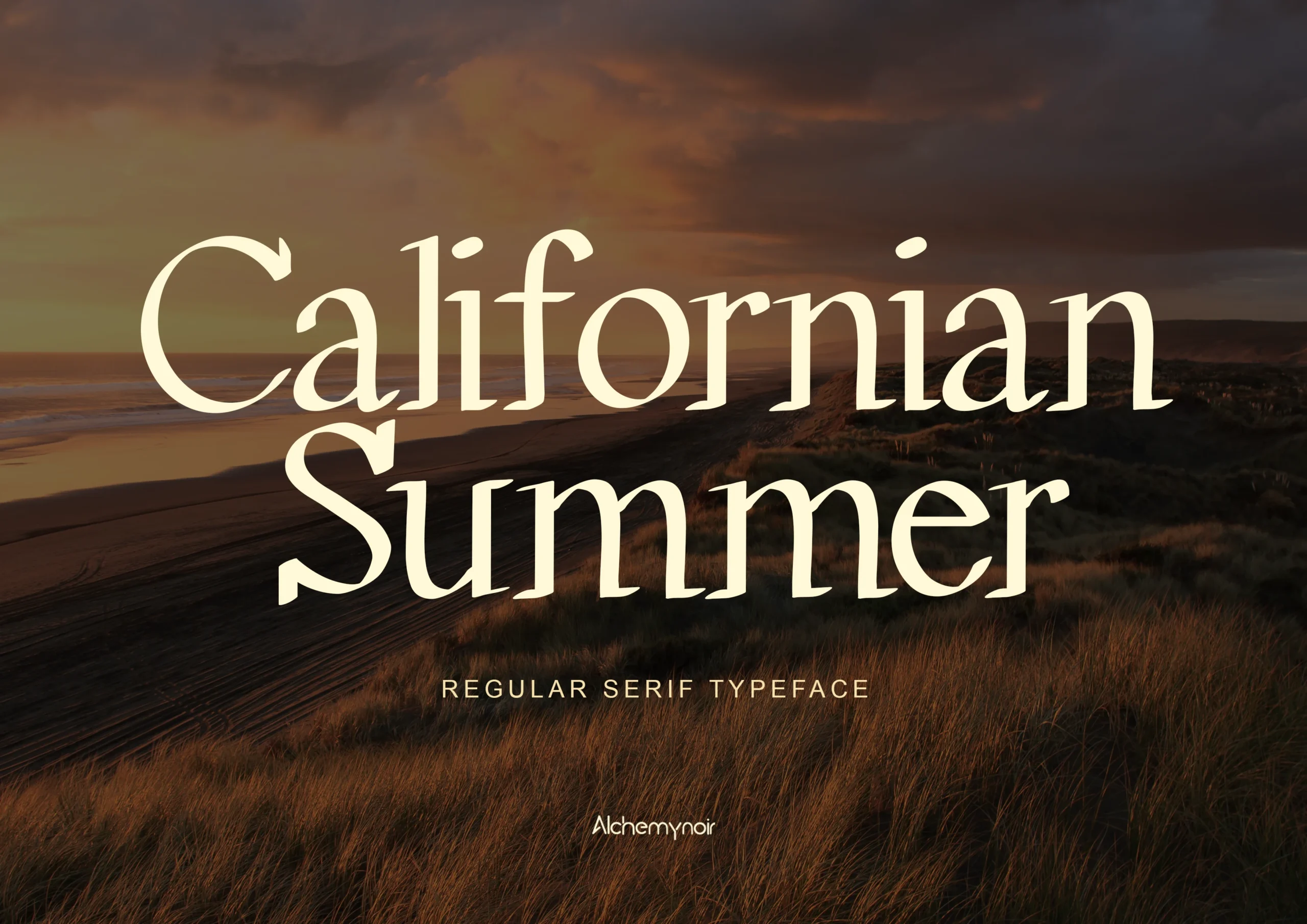 California Summer Font preview with large cream serif lettering over a warm coastal sunset scene