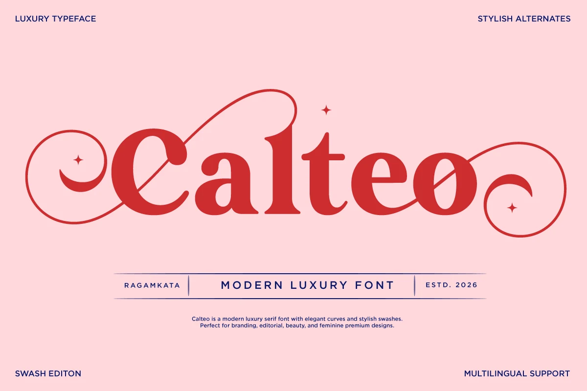 Calteo Font preview with red luxury serif lettering, rounded curves, and long swashes