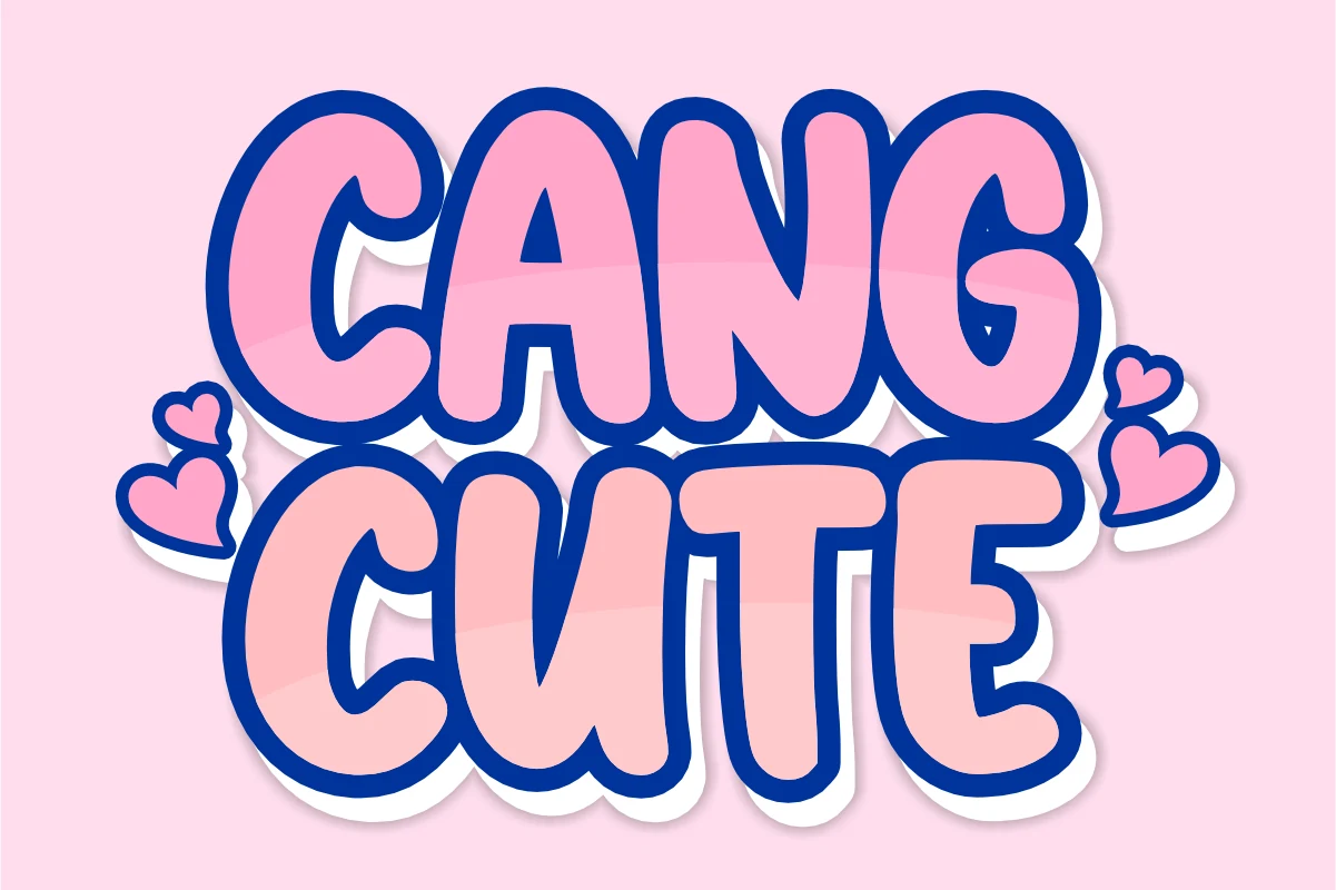Cang Cute Font preview with pink rounded bubble letters, blue outline, and stacked shadow