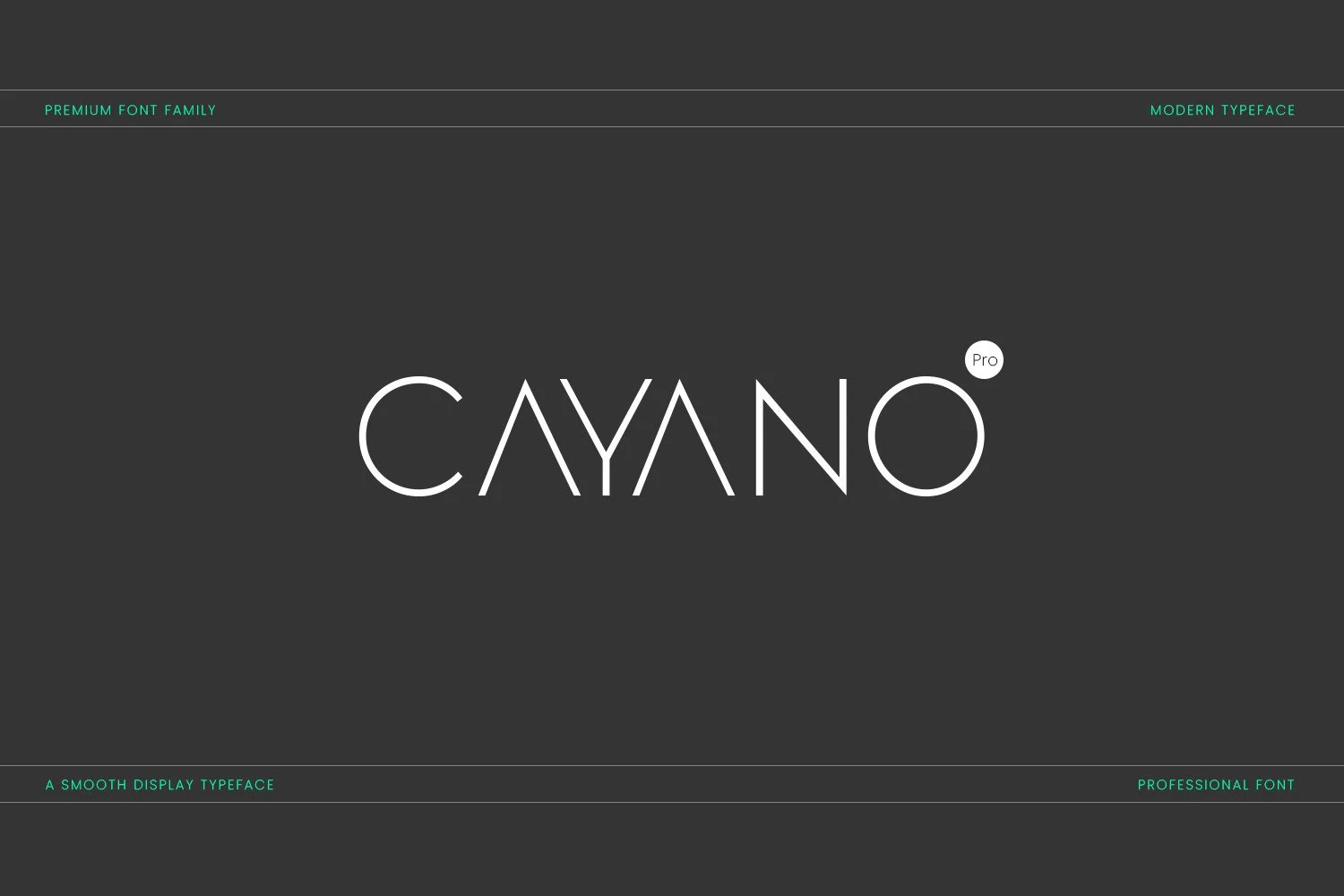 Cayano Pro Font preview with thin white geometric uppercase lettering and sharp angled forms