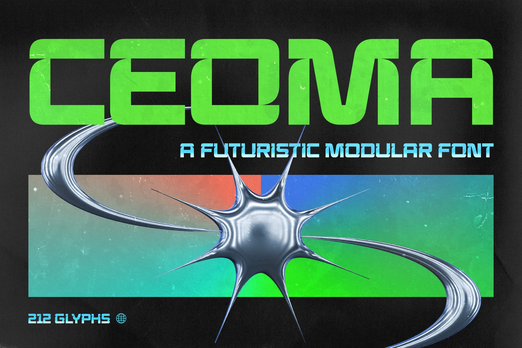 Ceoma Font preview with neon green futuristic modular sans serif lettering for logo design