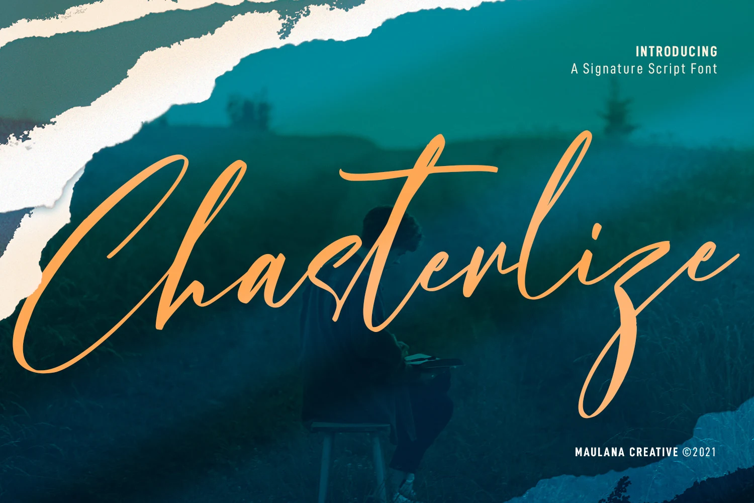 Chasterlize Script Font preview with peach slanted signature script lettering and long thin strokes