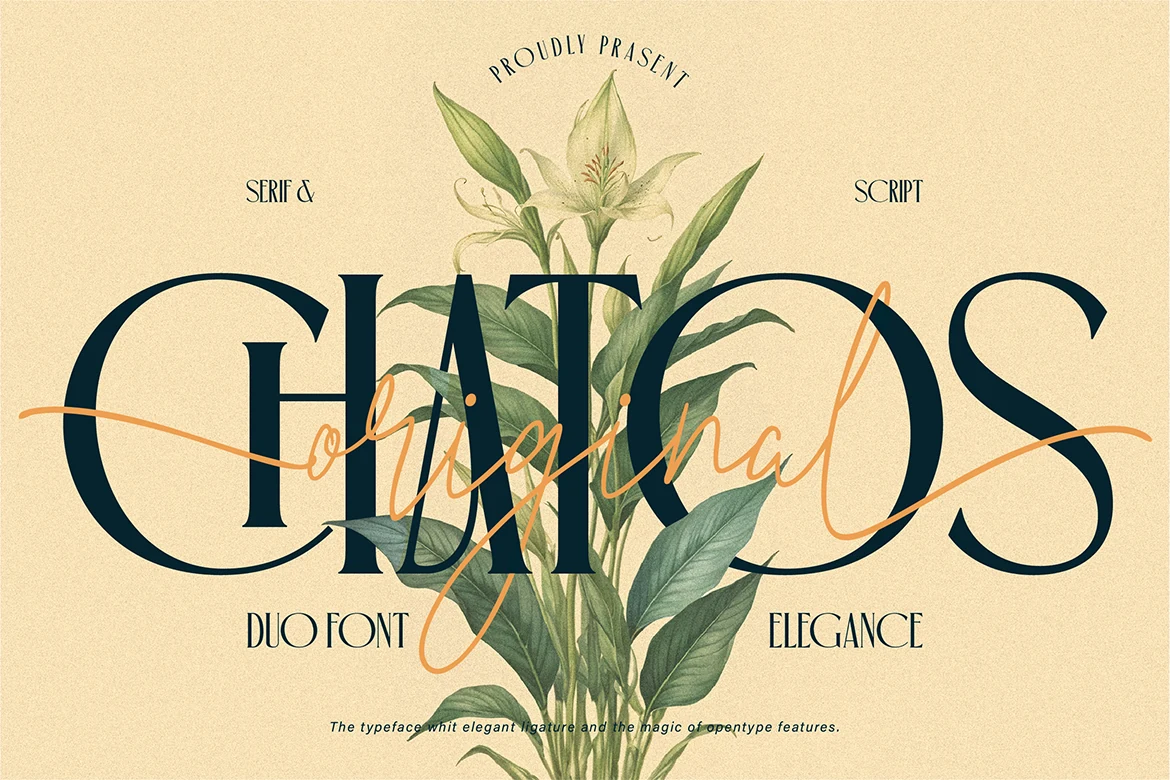 Chatos Original Font preview with bold serif letters and flowing orange script lettering