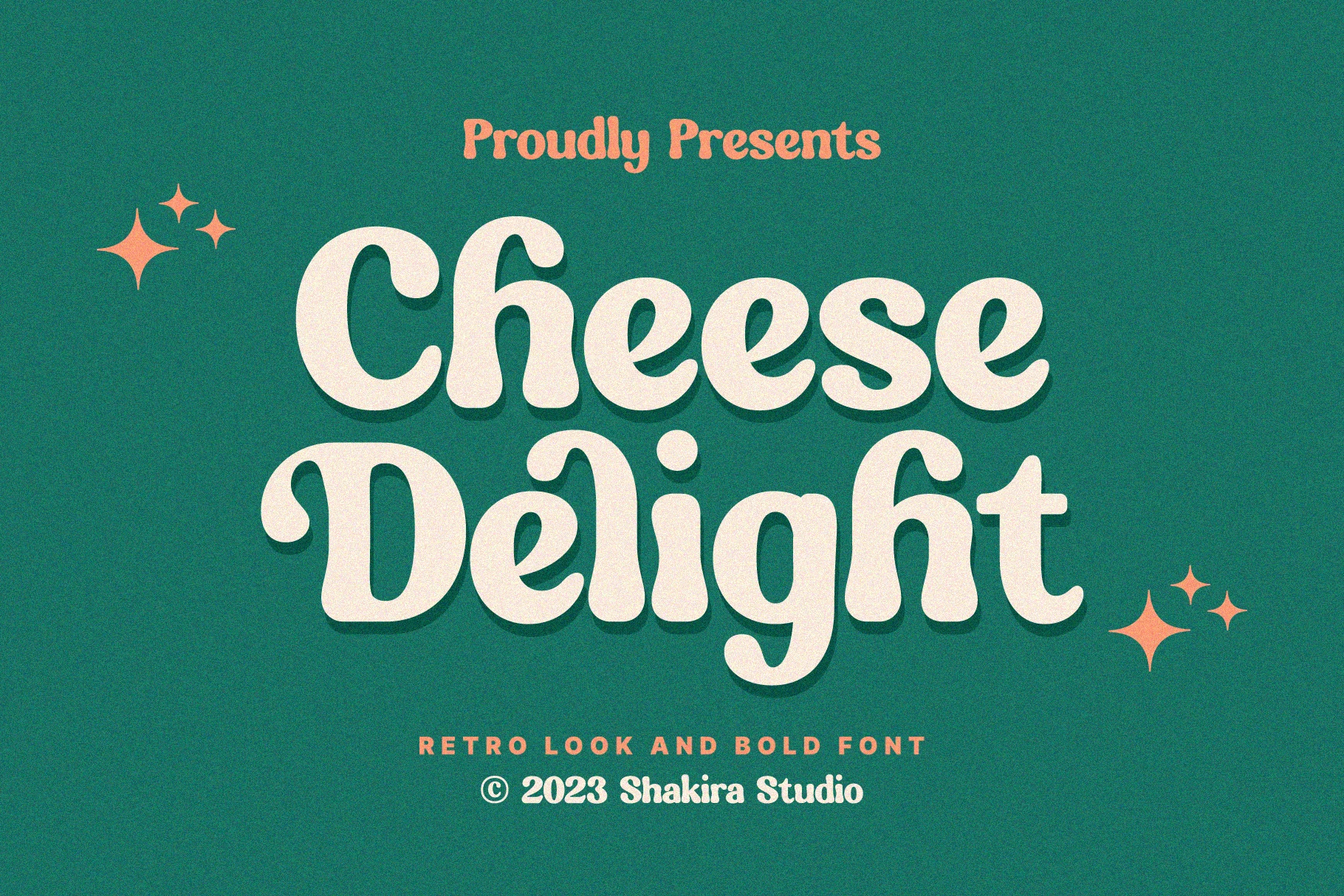 Cheese Delight Font preview with bold retro serif lettering, rounded curves, and soft cream shadowed letters