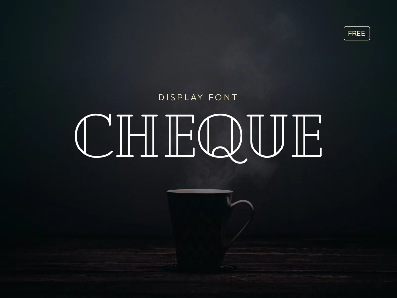 Cheque Font preview with thin white elegant display lettering and tall serif shapes