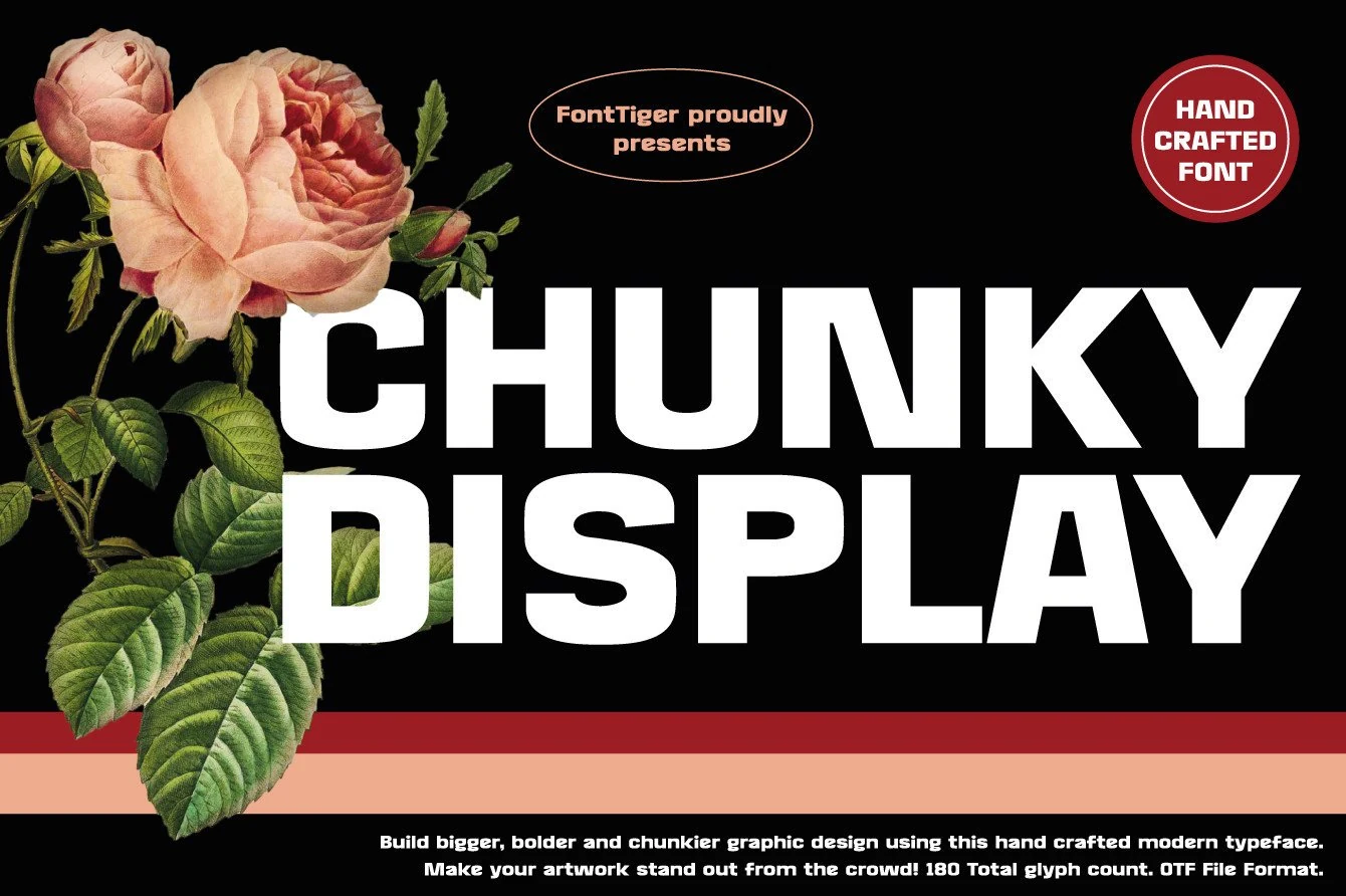 Chunky Display Font preview with heavy white block sans serif lettering and compact counters