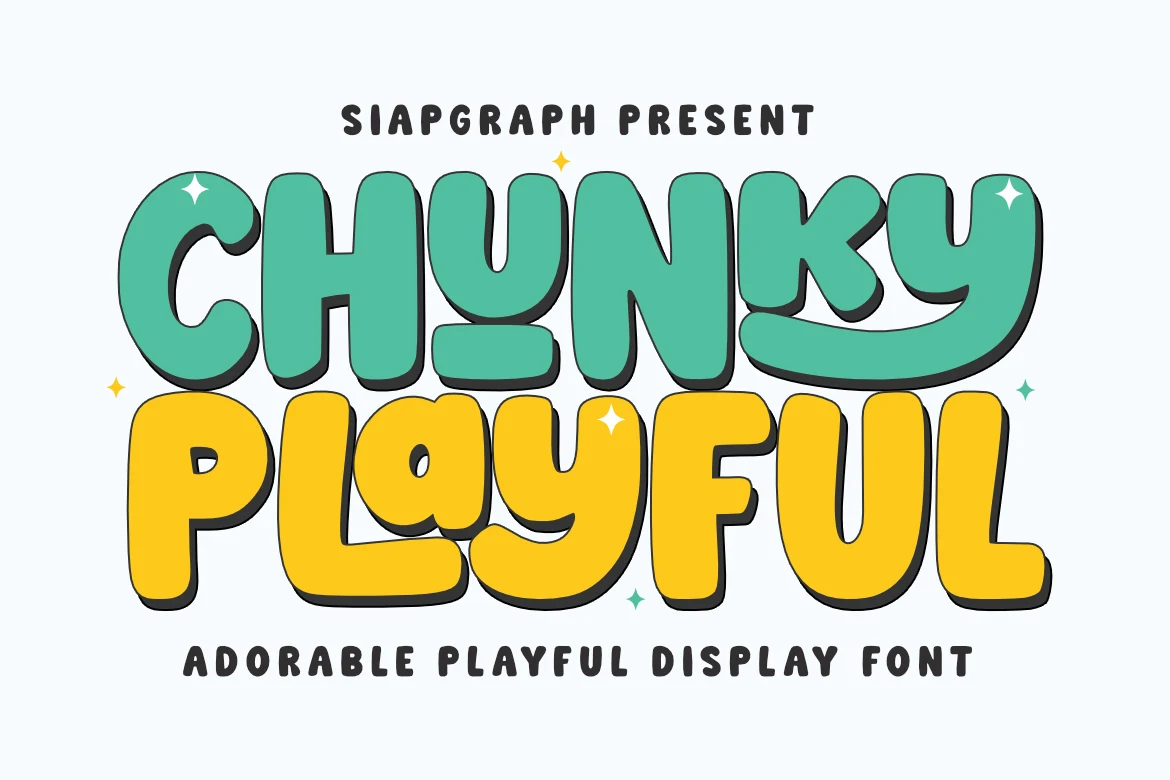 Chunky Playful Font preview with rounded teal and yellow bubble letters