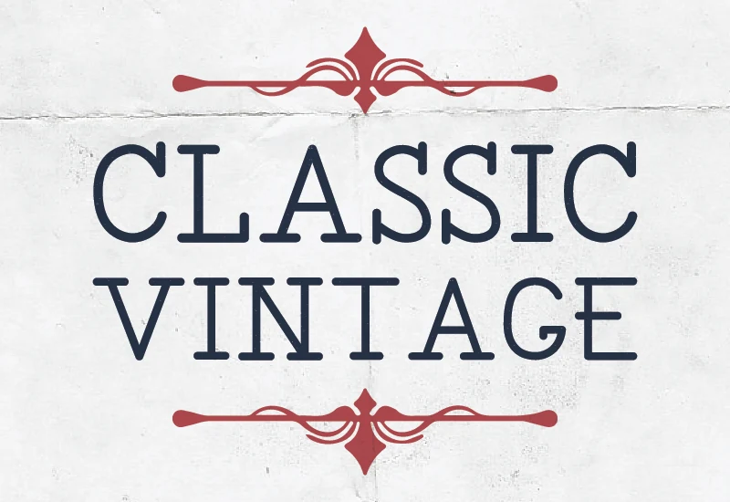 Classic Vintage Font preview with dark blue retro serif lettering and red ornamental dividers