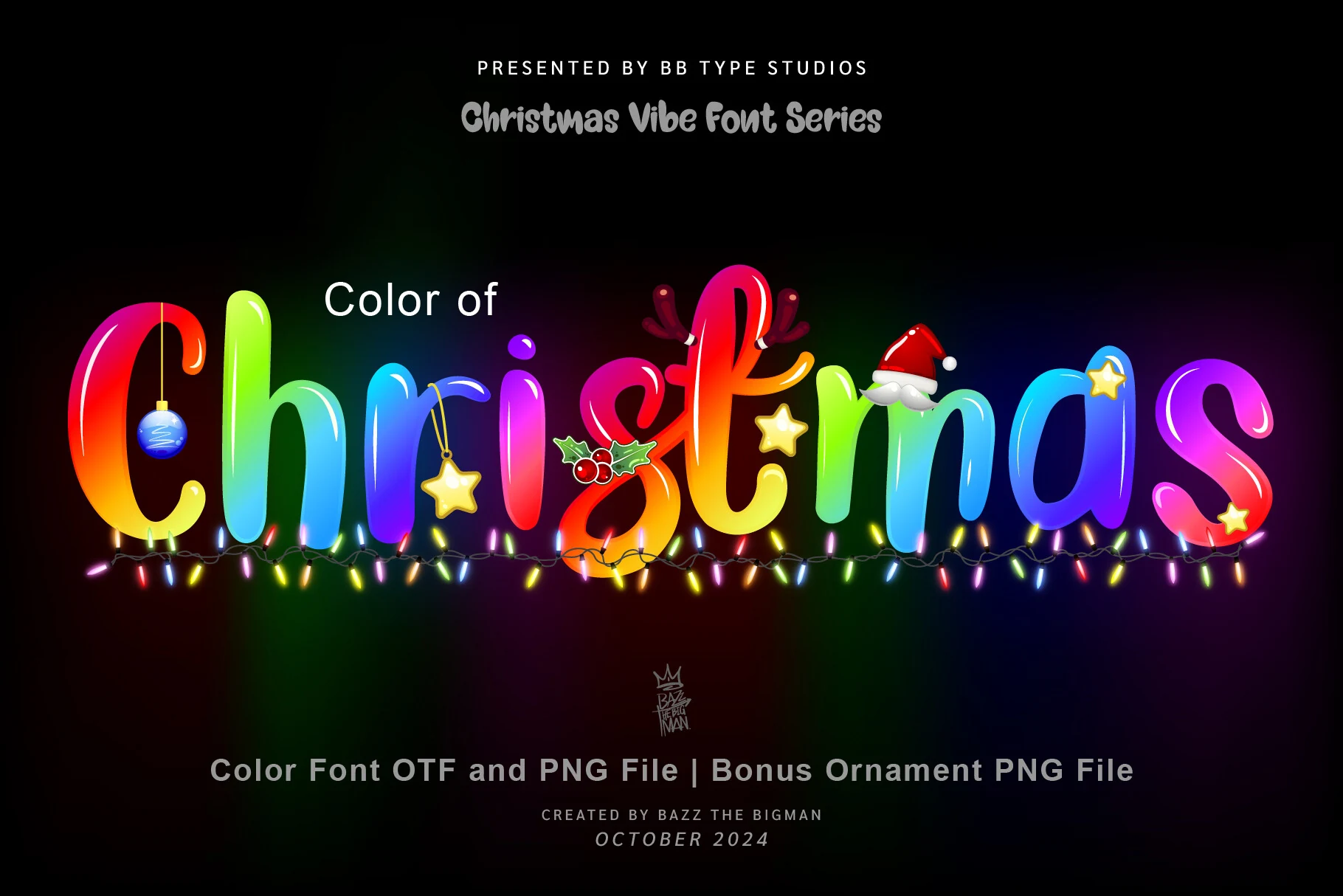 Color of Christmas Font preview with glossy rainbow letters, ornaments, and Christmas light accents