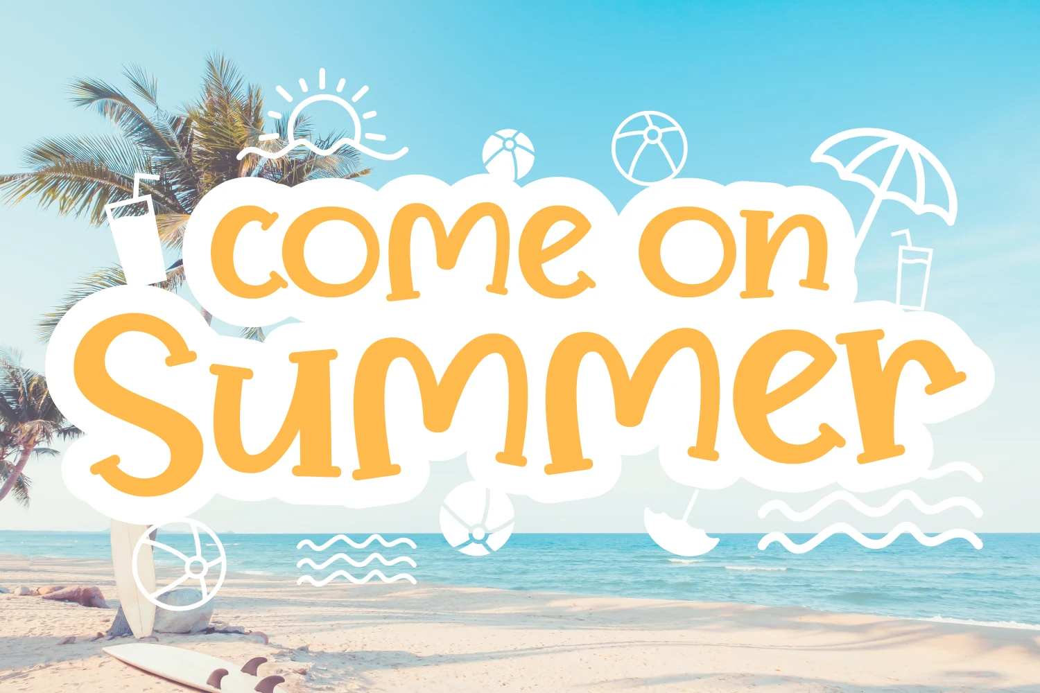 Come on Summer Font preview with rounded yellow playful serif lettering and white summer doodle icons on a beach background