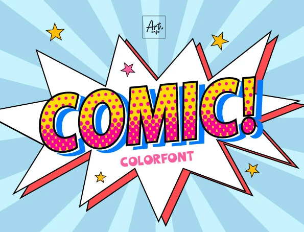 Comic Font preview with yellow pop-art letters, pink dots, and blue shadow