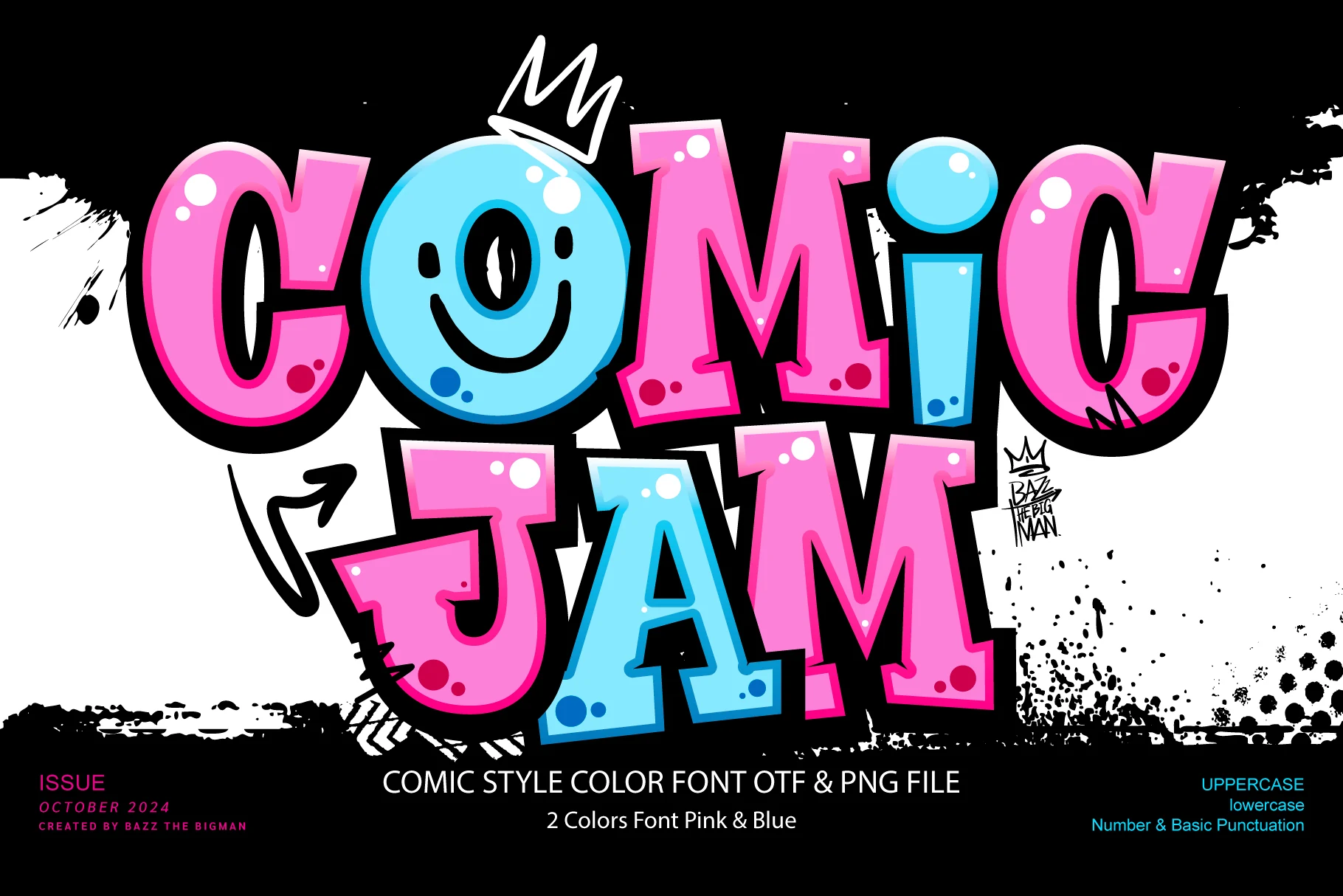 Comic Jam Font preview with pink and blue comic-style letters and thick black outline