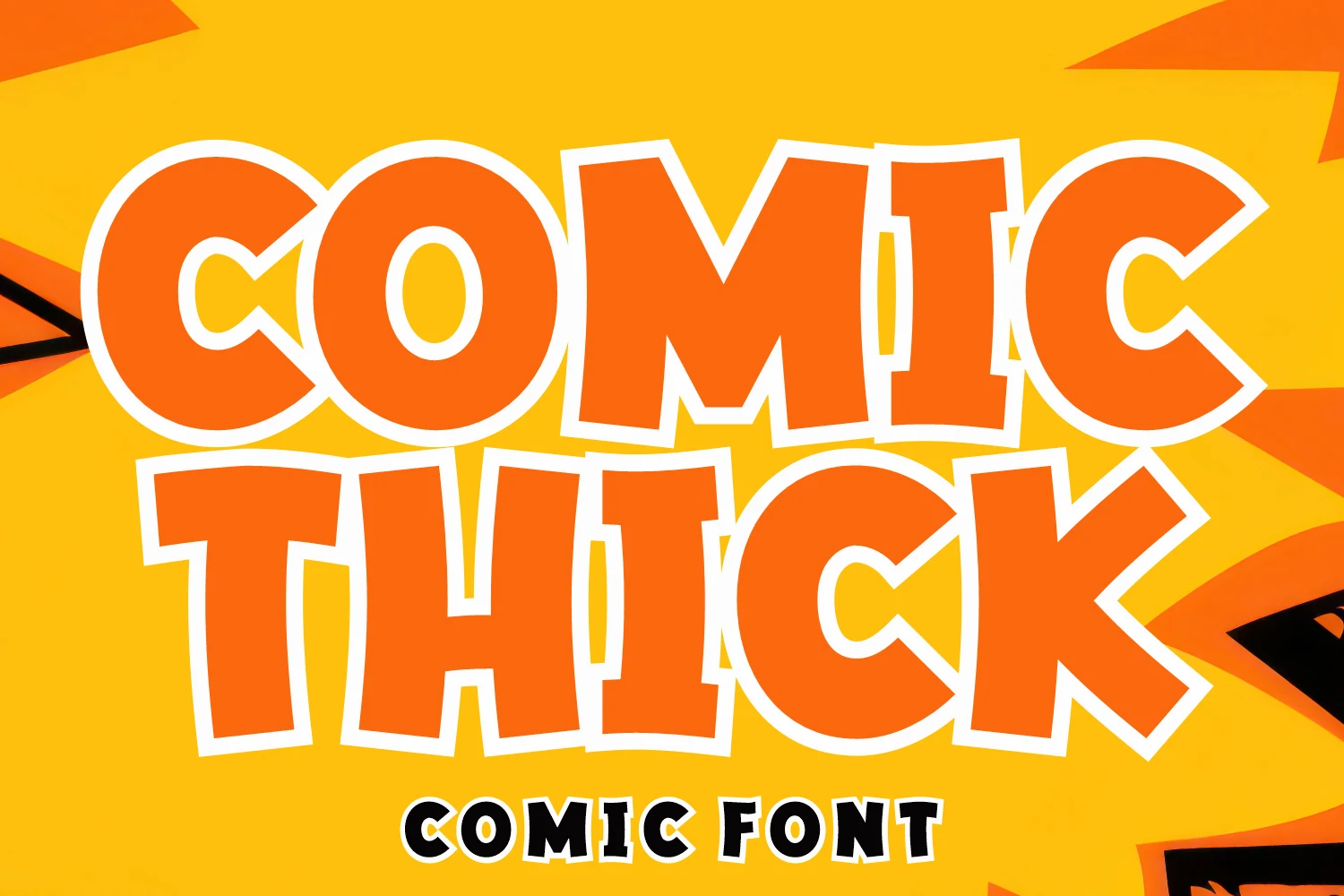 Comic Thick Font preview with chunky orange comic lettering and thick white outline