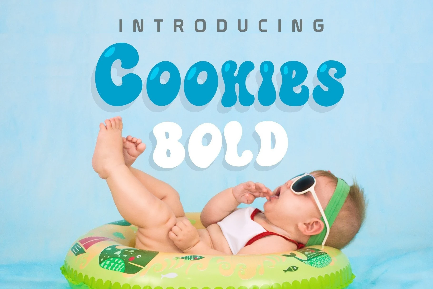 Cookies Font preview with chunky rounded blue and white bubble display lettering