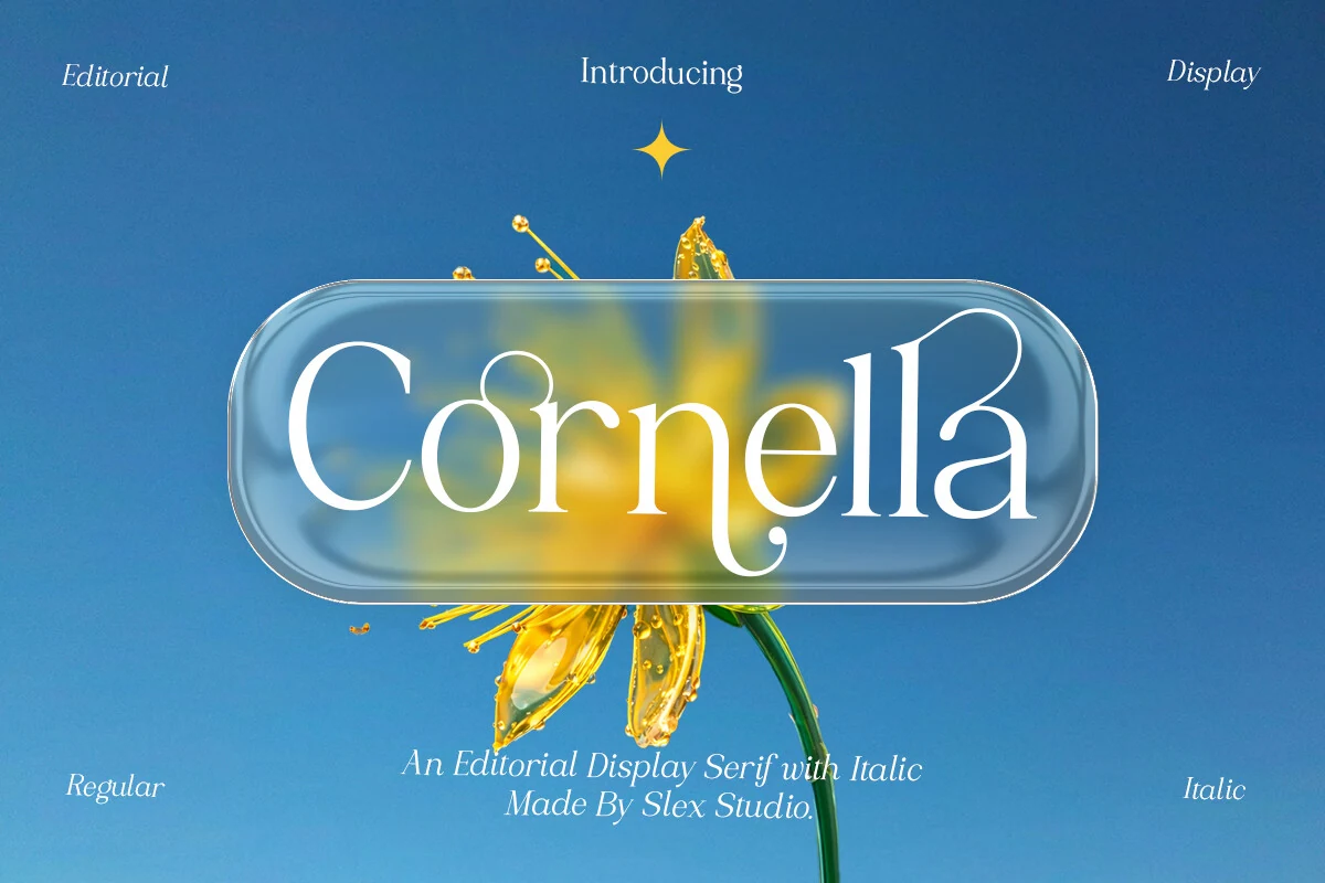 Cornella Font preview with refined white editorial serif letters, high contrast strokes, and graceful curves