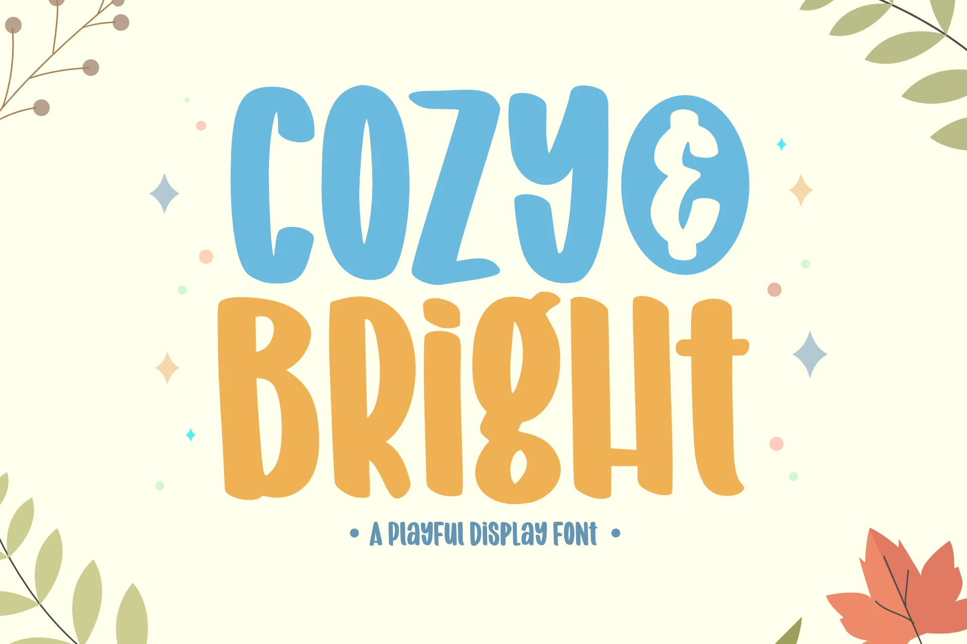 Cozy and Bright Font preview with tall rounded blue and yellow display lettering
