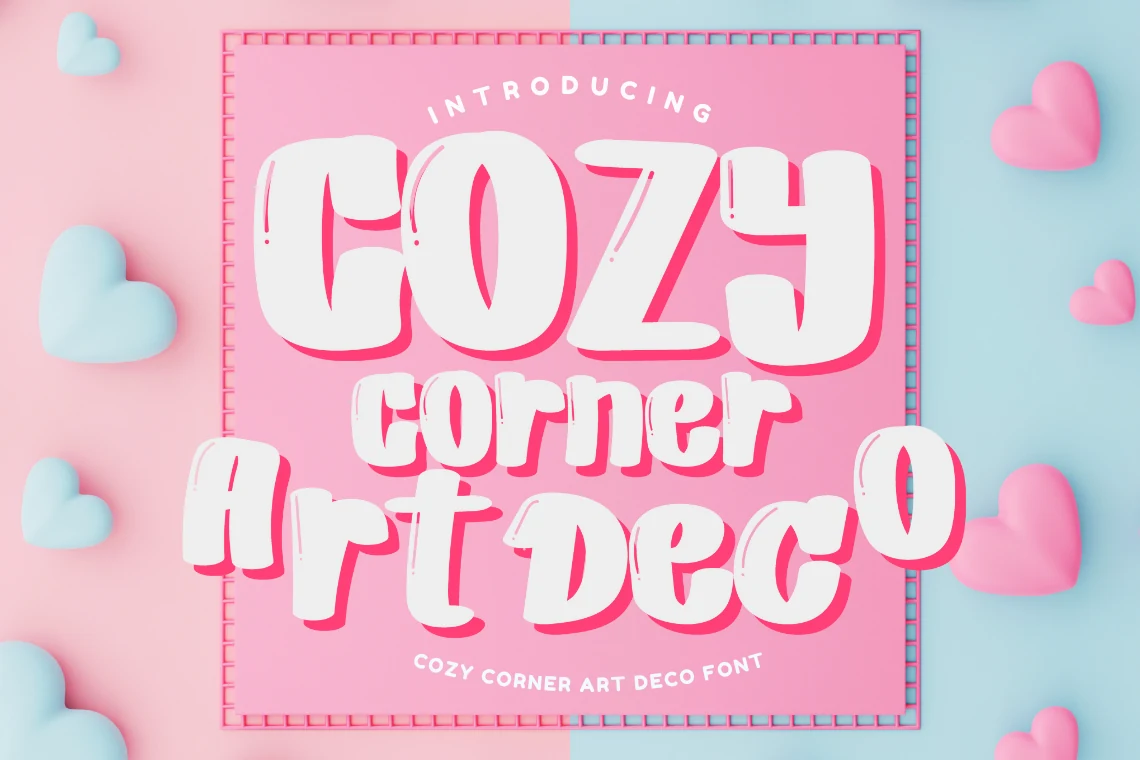 Cozy Corner Art Deco Font preview with bold white retro display letters and pink shadow