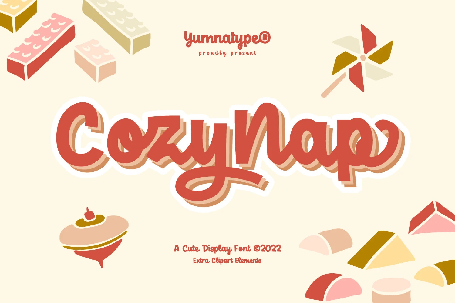 Cozy Nap Font preview with bold red display lettering and soft layered shadow