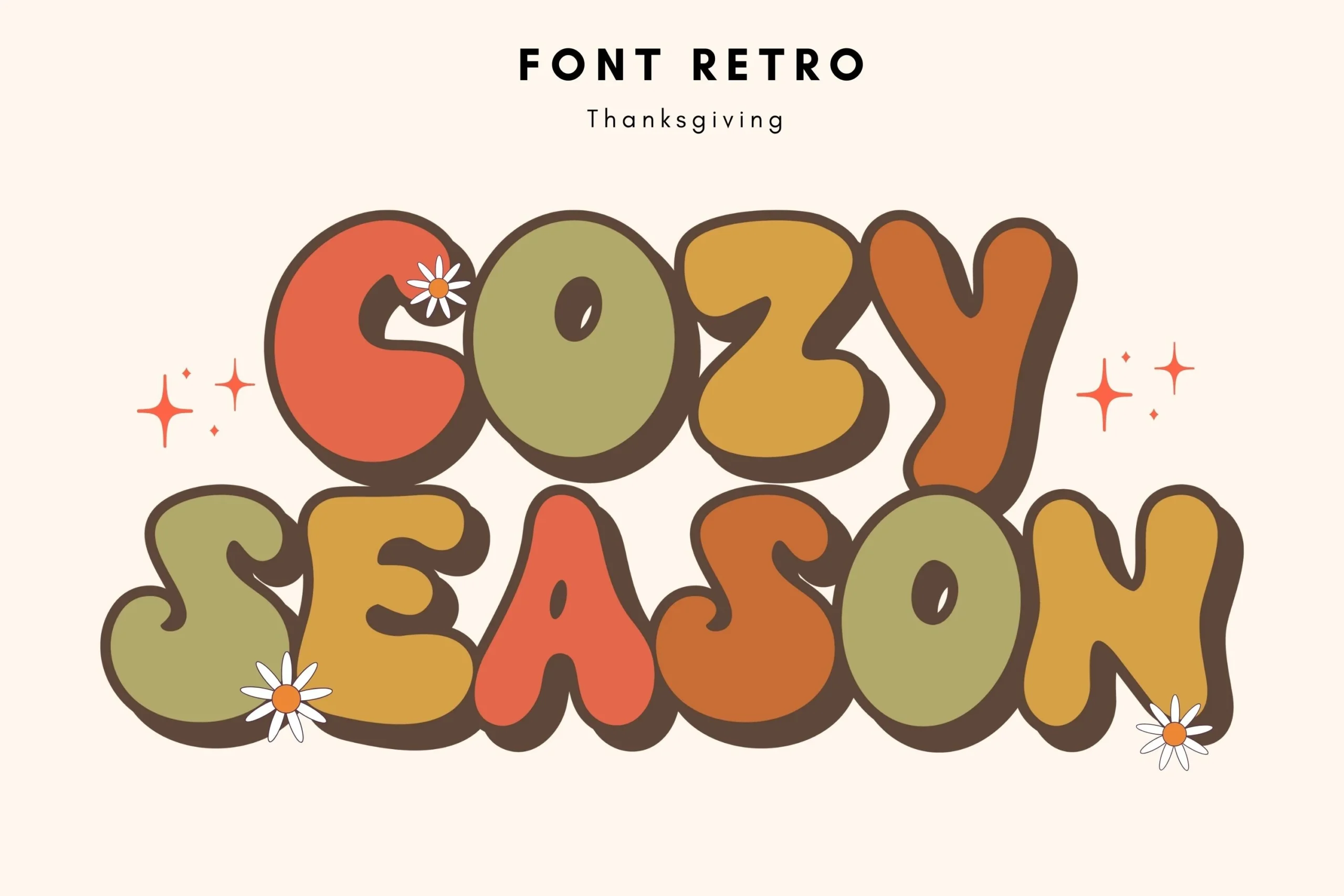 Cozy Season Font preview with chunky retro orange and olive display letters and dark outline