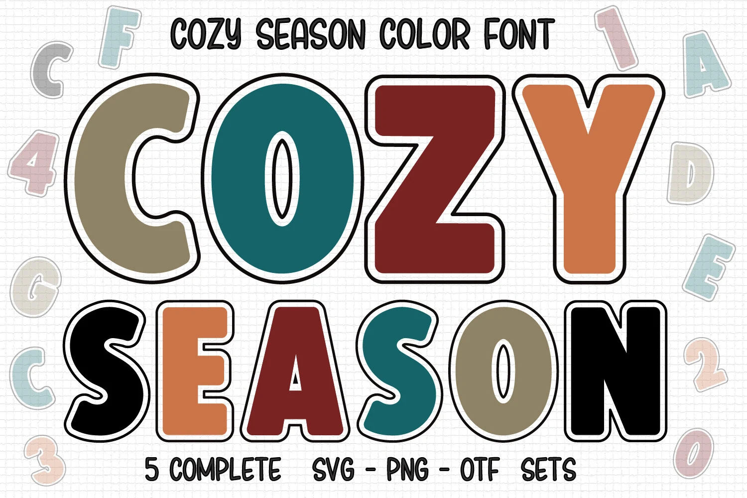 Cozy Season Font preview with chunky retro color letters and bold brown outline
