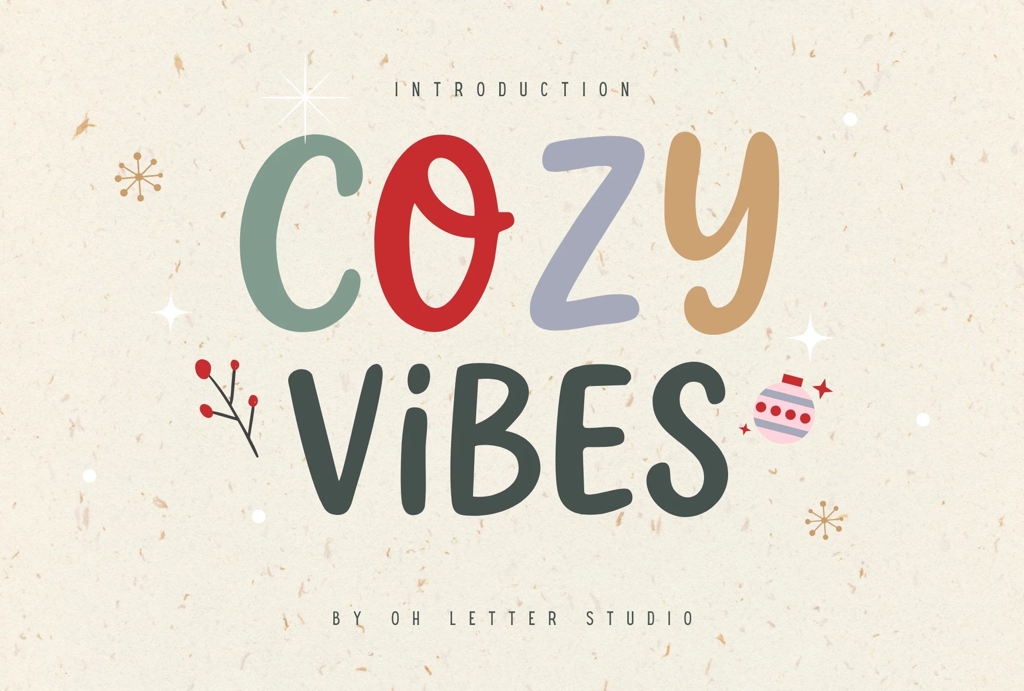 Cozy Vibes Font preview with rounded hand-drawn doodle letters in muted colors