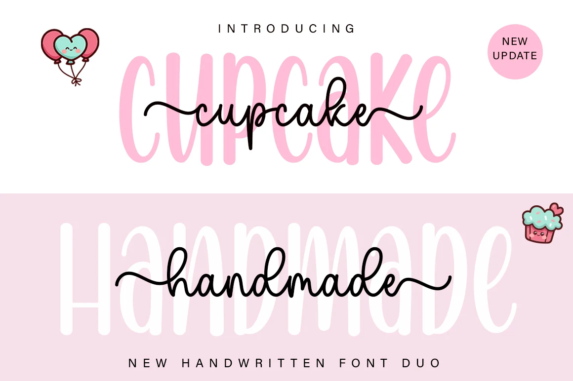 Cupcake Handmade Duo Font preview with handwritten script and rounded sans lettering
