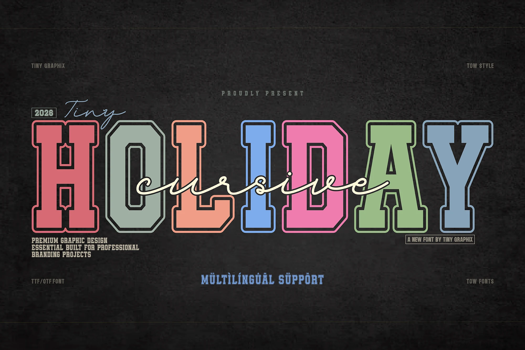 Cursive Holiday Font preview with colorful varsity serif letters and a cream cursive script overlay