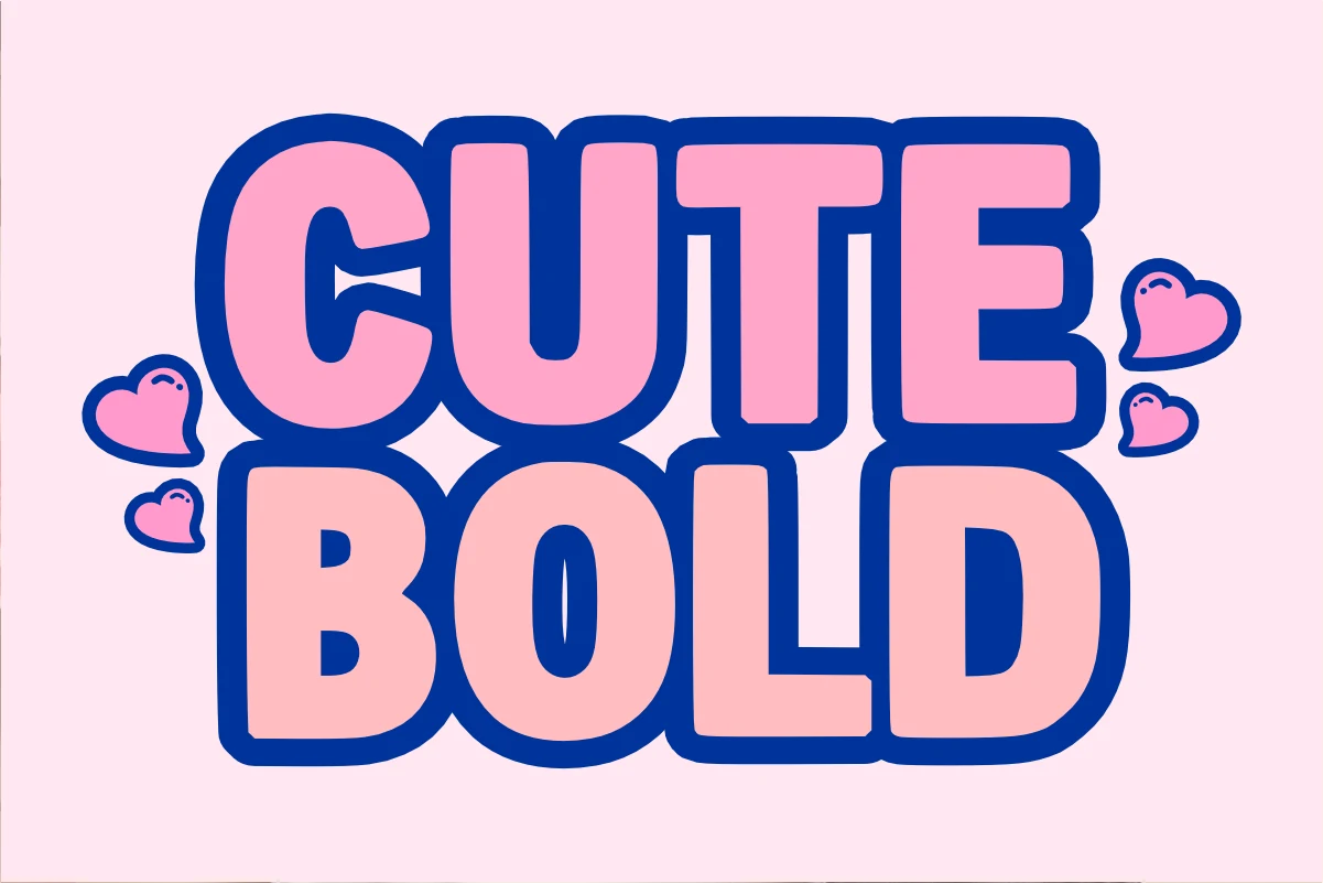 Cute Bold Font preview with chunky rounded pink letters and dark blue outline