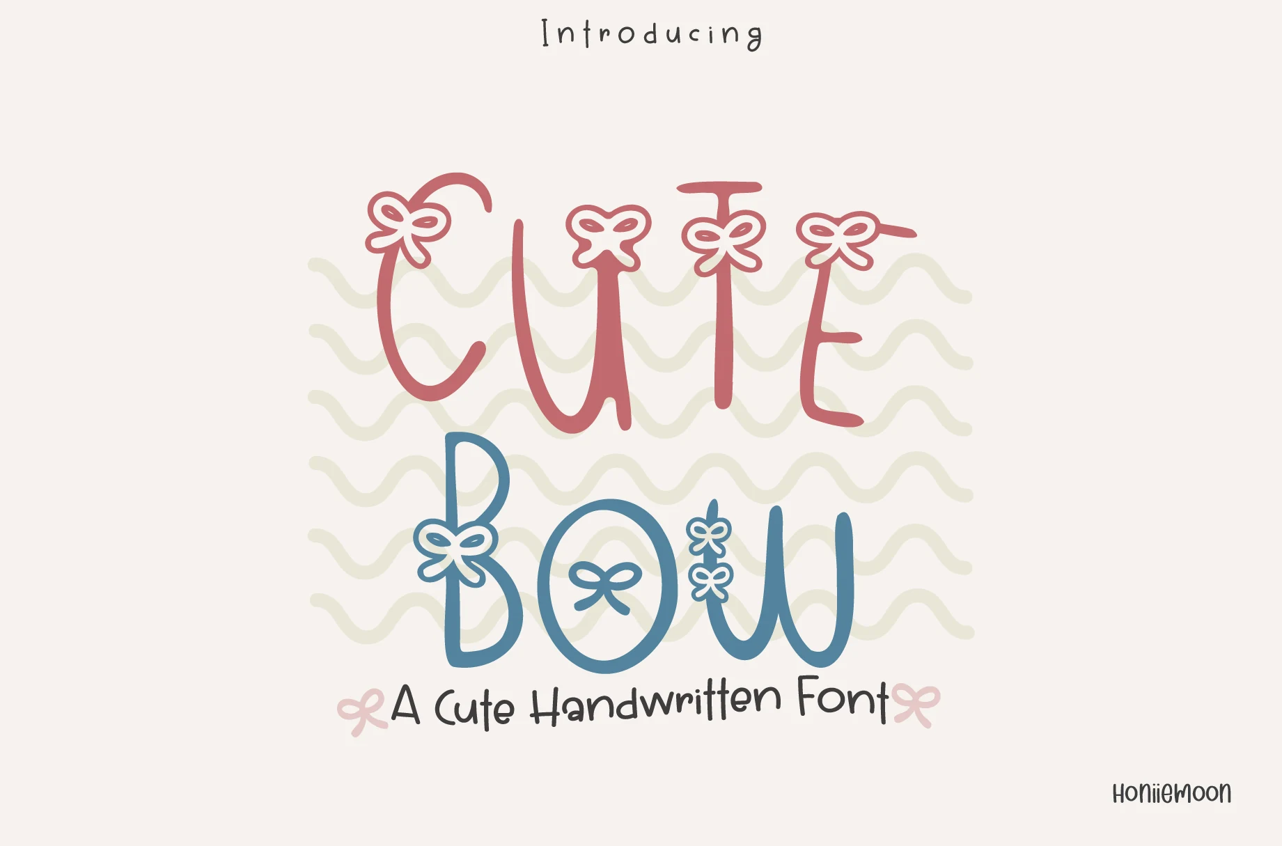 Cute Bow Font preview with thin handwritten letters and bow-shaped decorative details