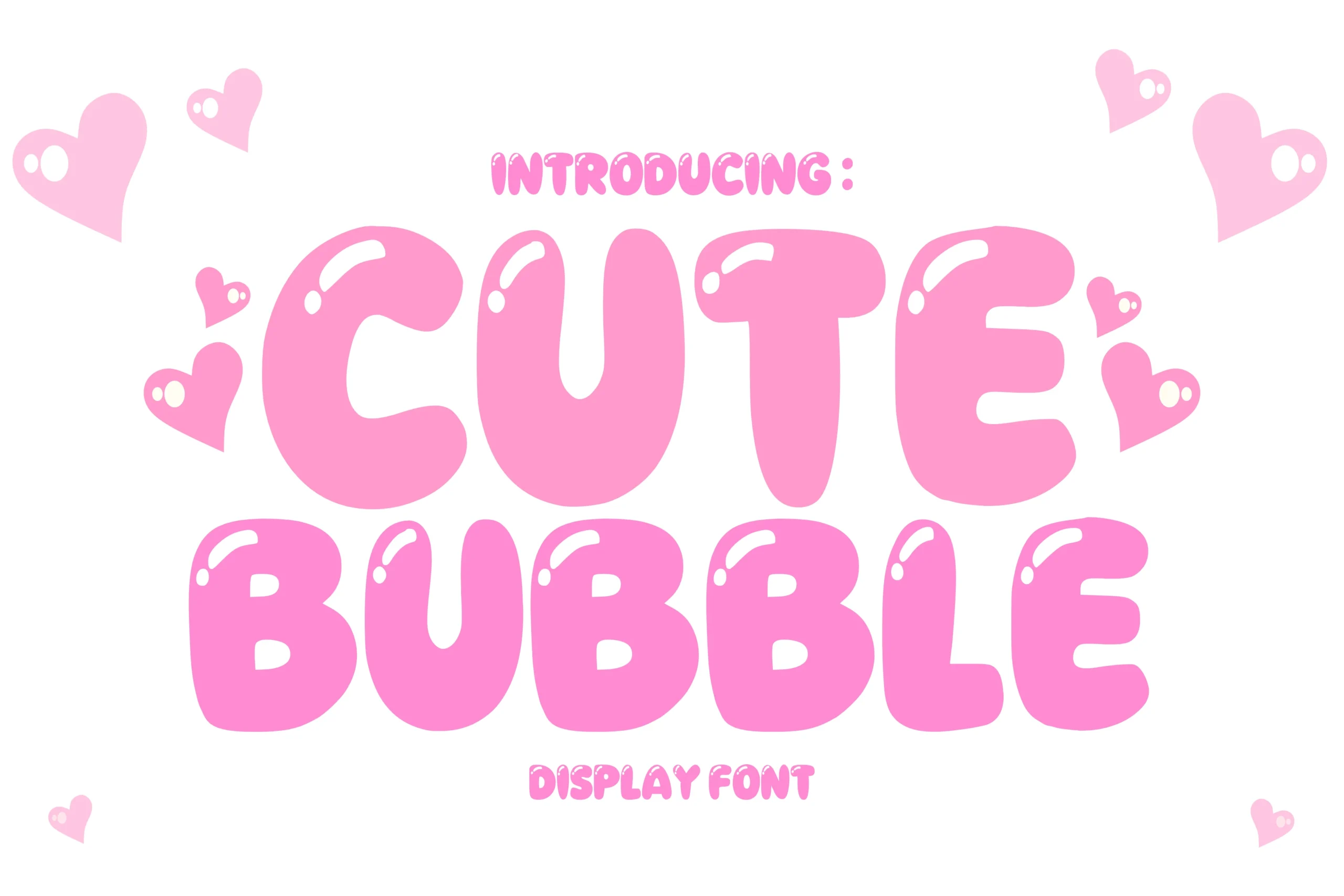Cute Bubble Font preview with glossy pink rounded bubble letters and soft playful shapes