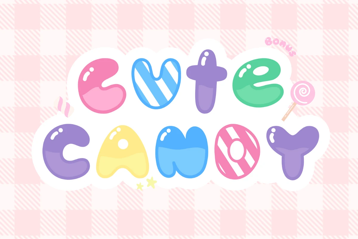 Cute Candy Font preview with glossy multicolor bubble letters and candy-striped details