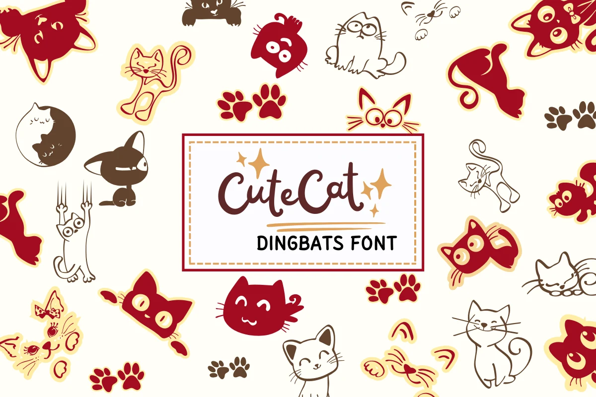 Cute Cat Font preview with cat dingbats, paw prints, and handwritten title