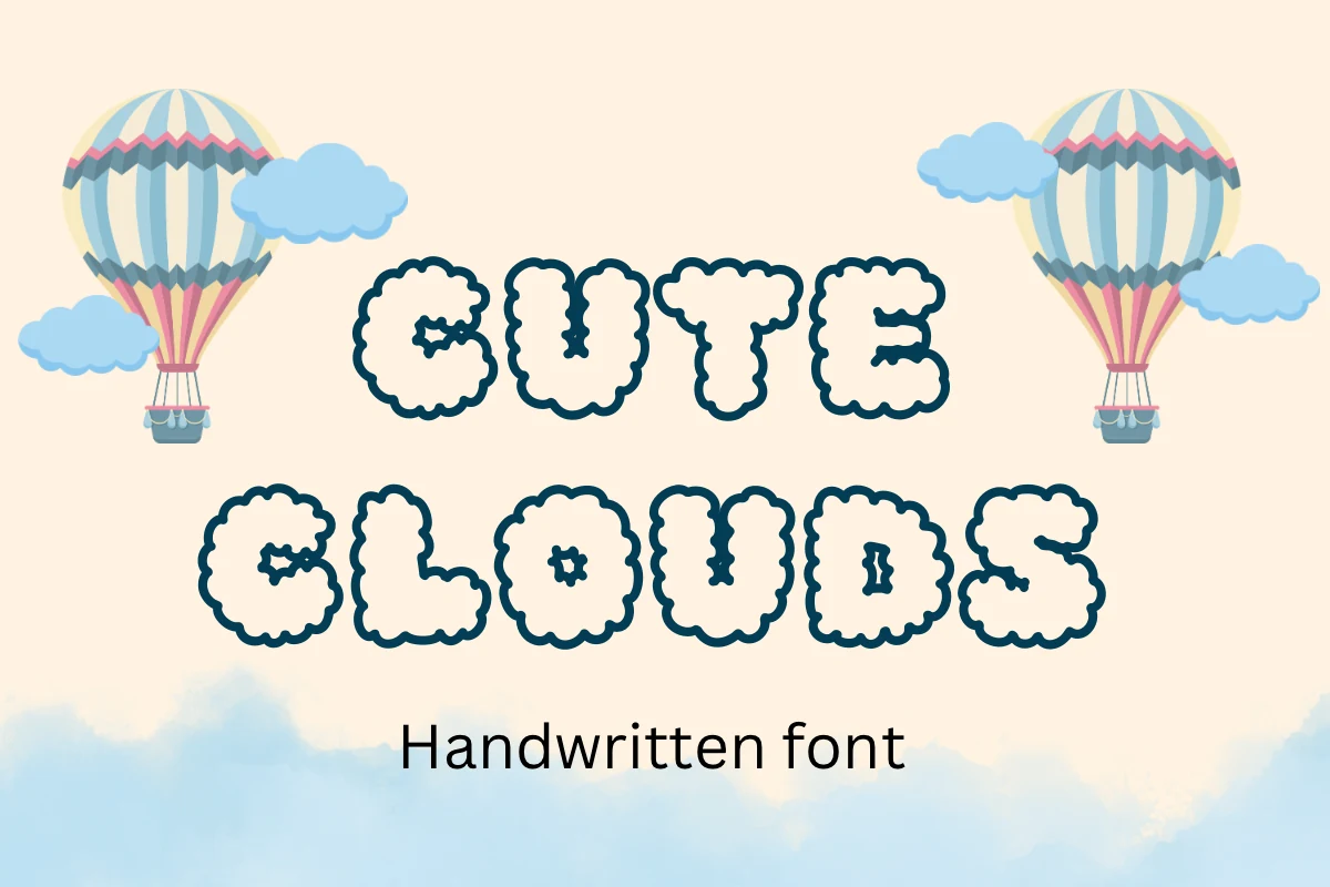 Cute Clouds Font preview with puffy cloud-like letters and dark blue outline