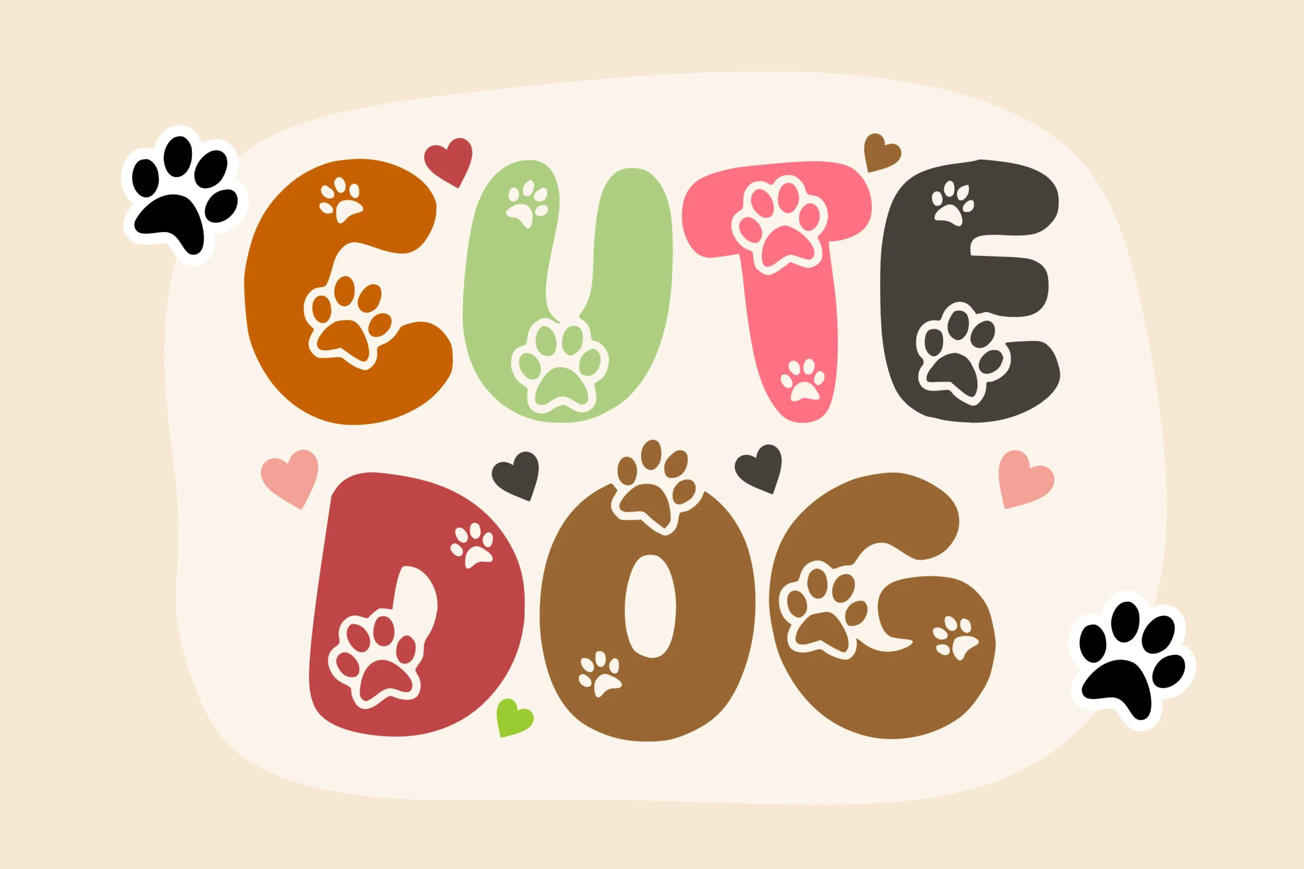 Cute Dog Font preview with rounded multicolor letters and paw print accents