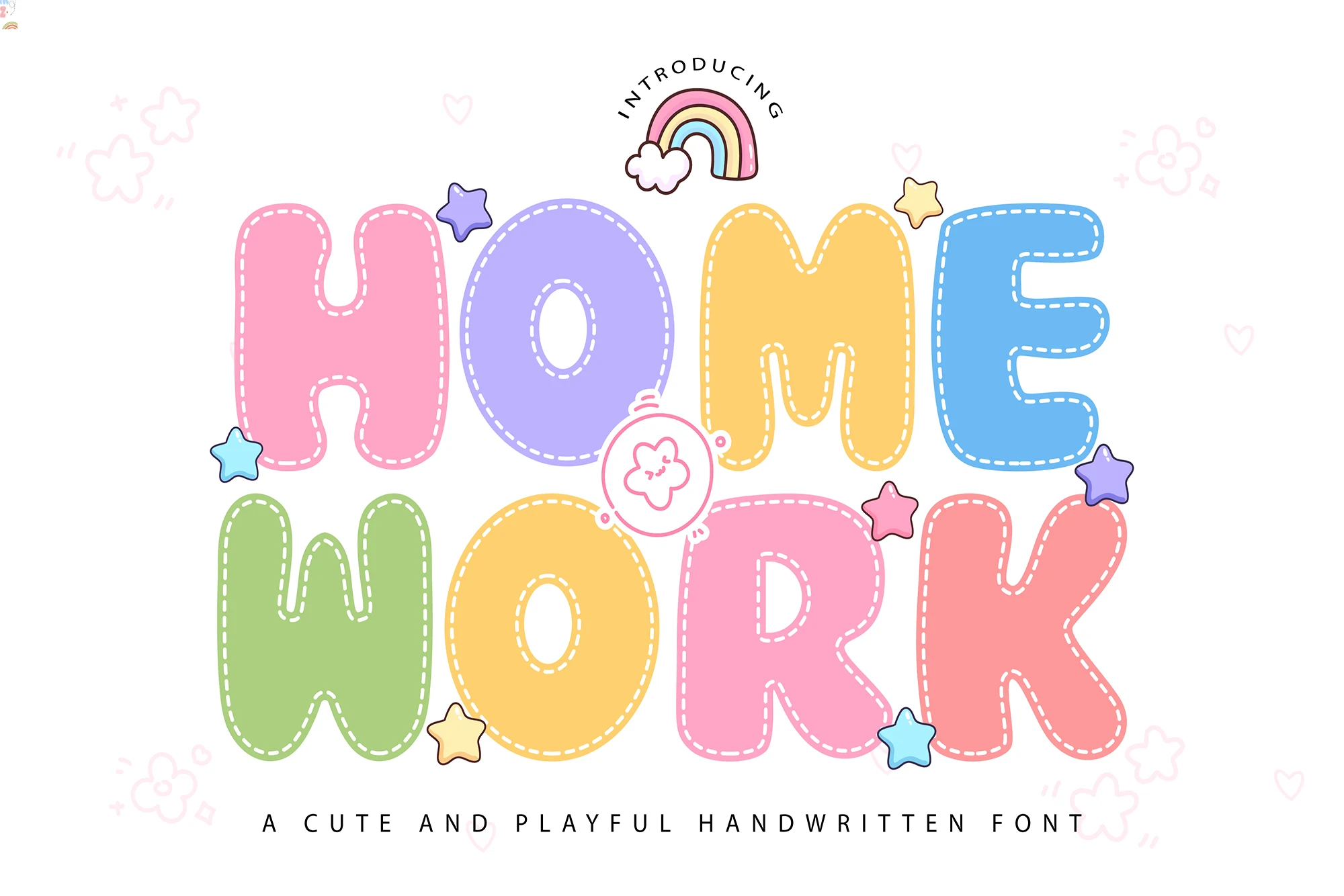 Cute Homework Font preview with pastel puffy bubble letters and stitched dashed outlines