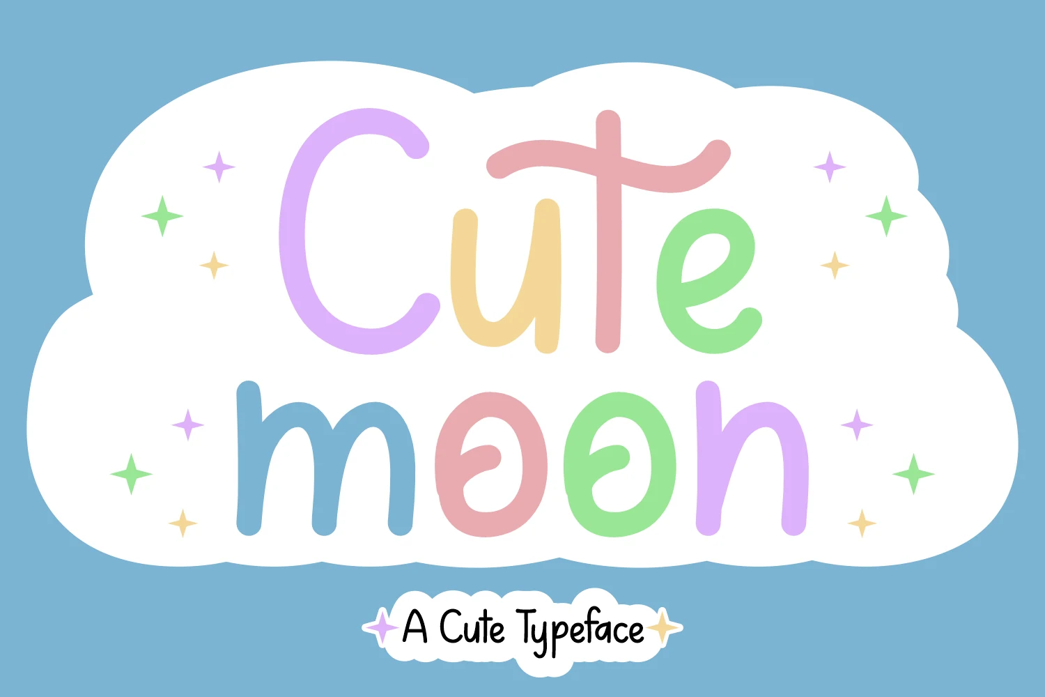 Cute Moon Font preview with pastel rounded handwritten letters on a cloud shape
