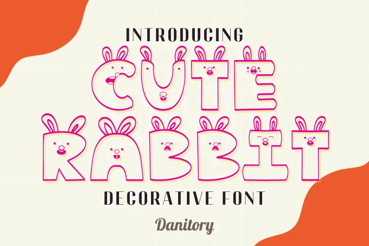 Cute Rabbit Font preview with bunny-ear letters and pink outlined decorative uppercase