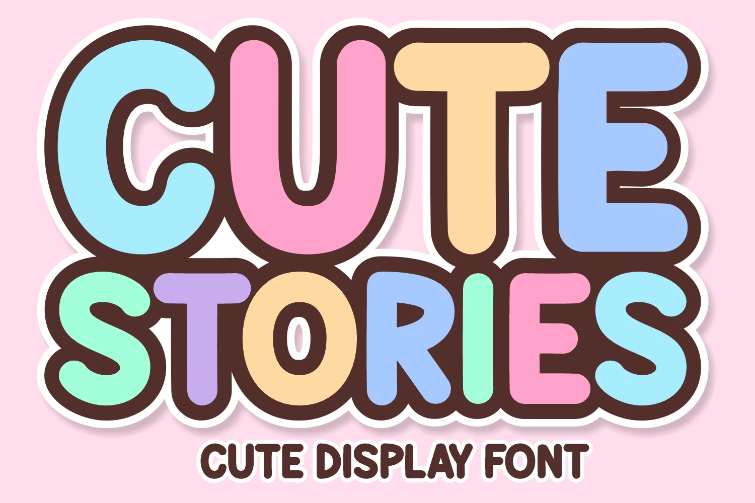 Cute Stories Font preview with pastel bubble letters, dark outline, and sticker-style shadow