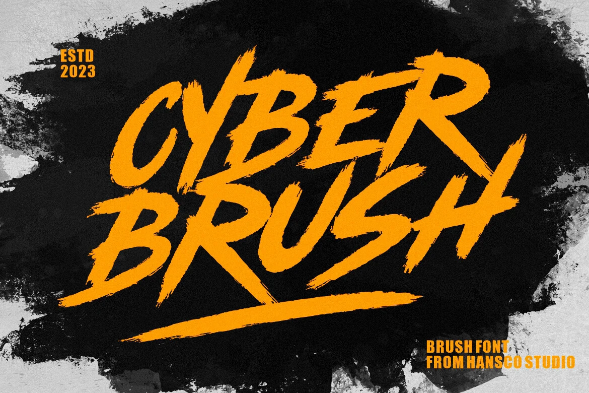 Cyber Brush Font preview with bold orange all-caps dry brush lettering and rough textured strokes