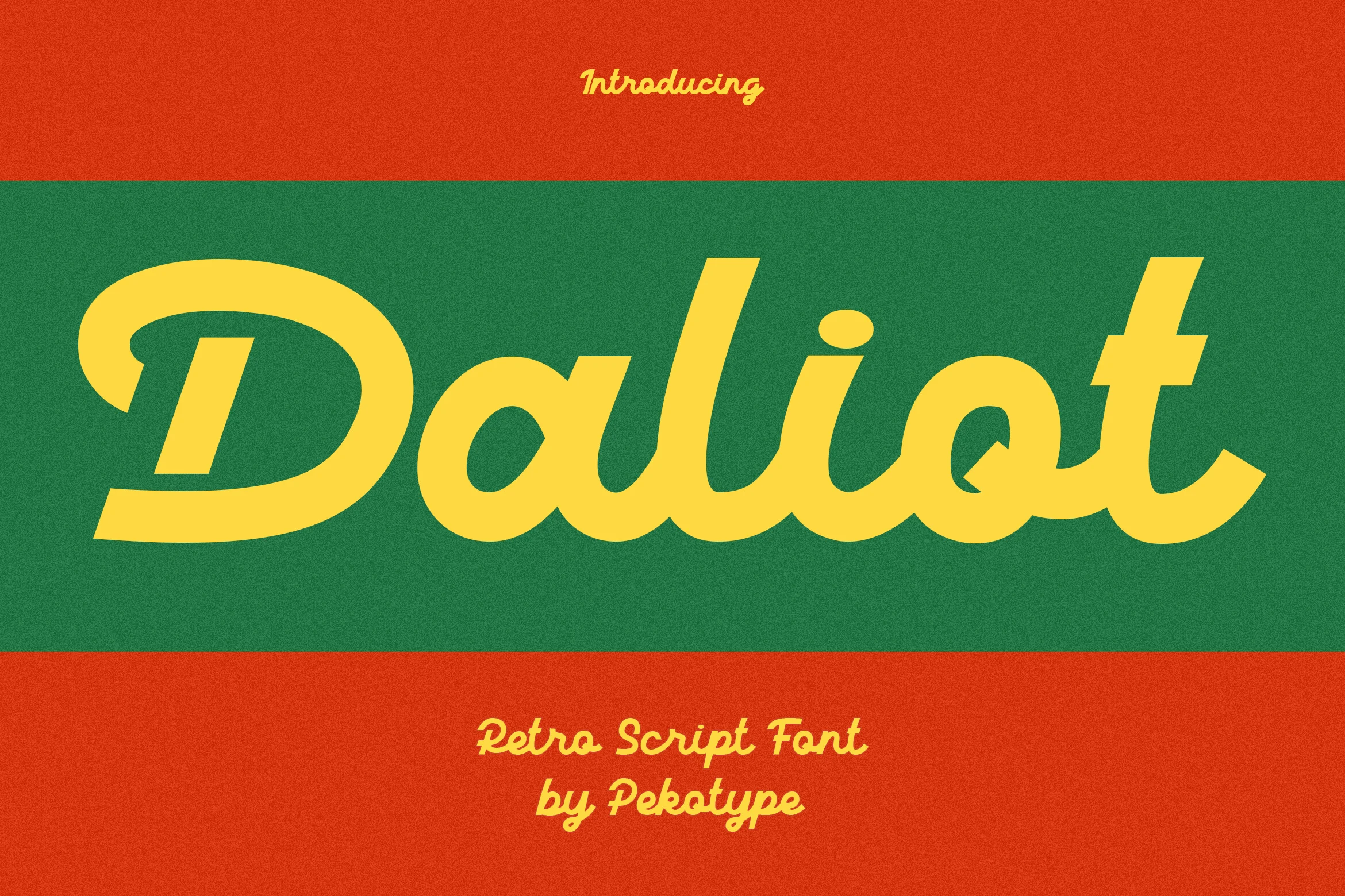 Daliot Font preview with bold yellow retro script lettering, flat-ended strokes, and smooth connected curves