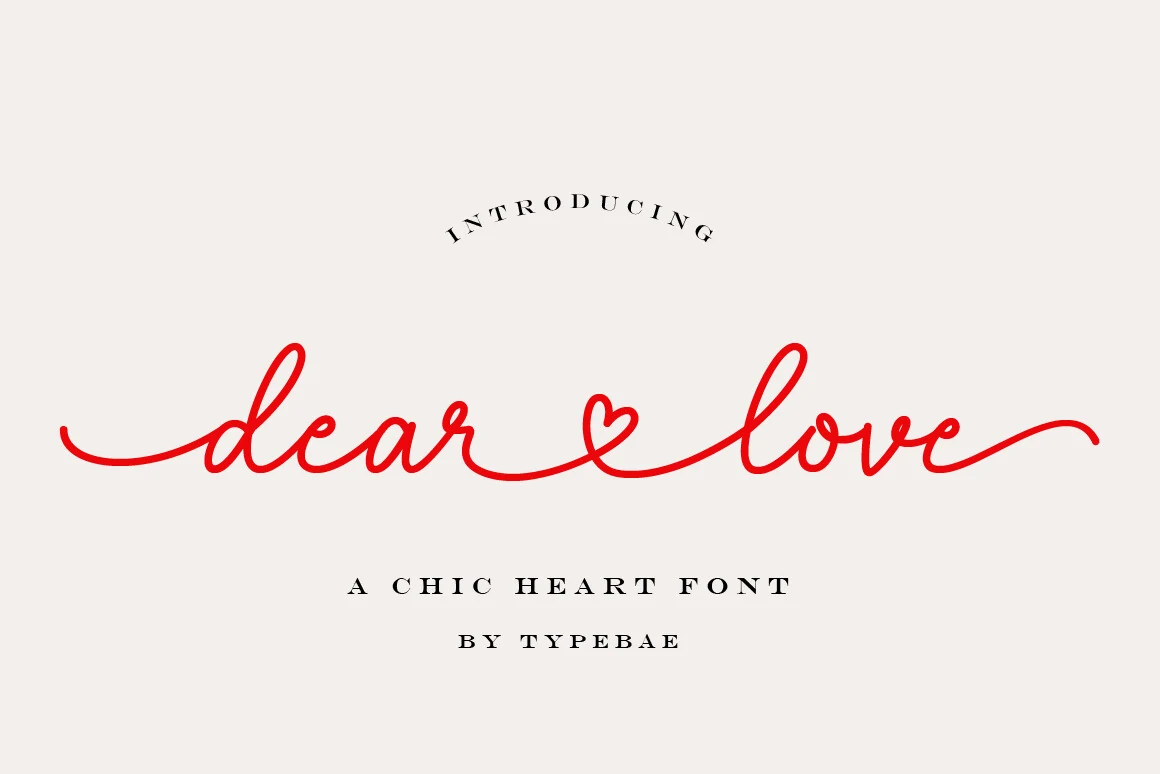 Dear Love Font preview with red handwritten script, long tails, and a heart connector