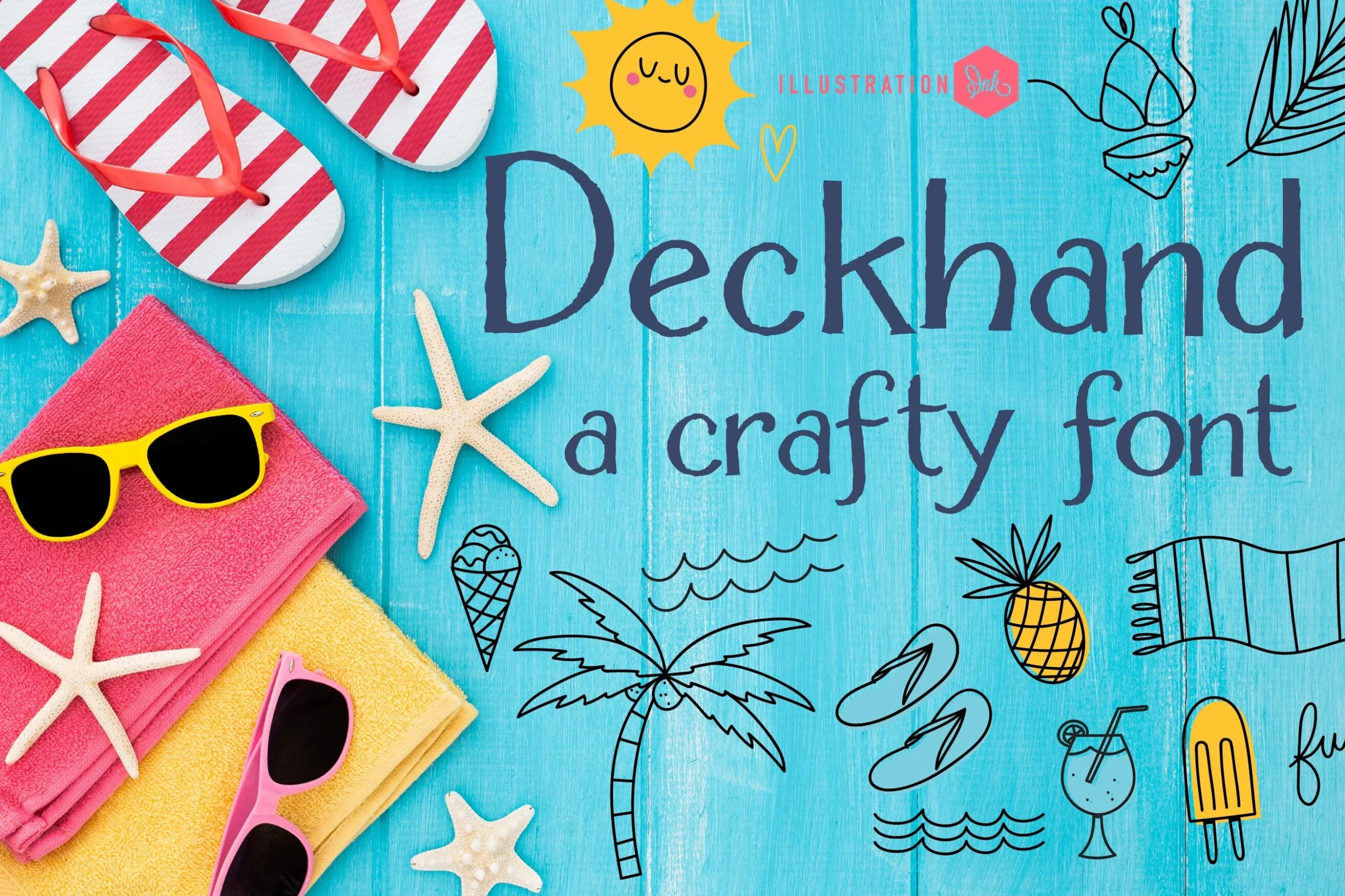 Deckhand Font preview with hand-sketched beach lettering