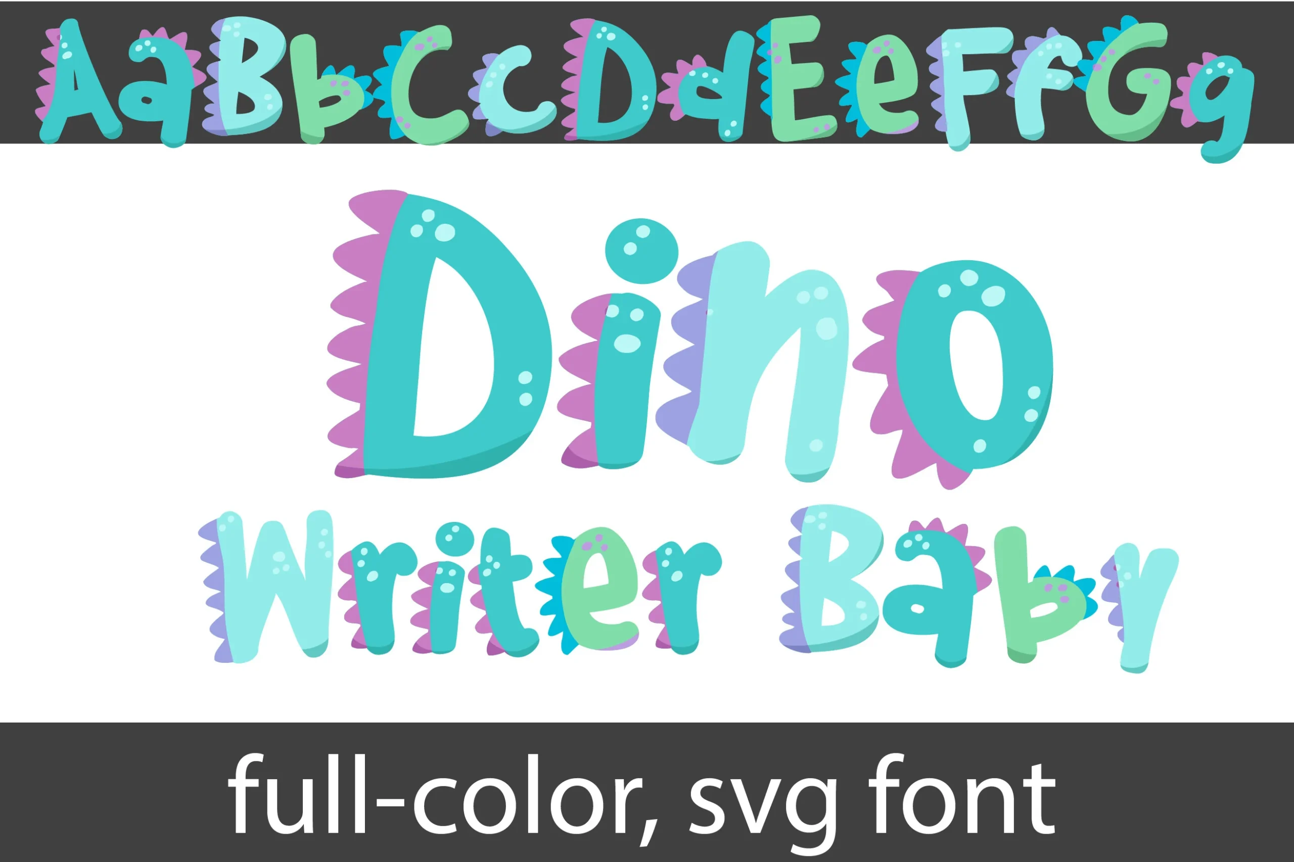 Dino Writer Baby Font preview with teal rounded letters, purple dinosaur spikes, and white spots