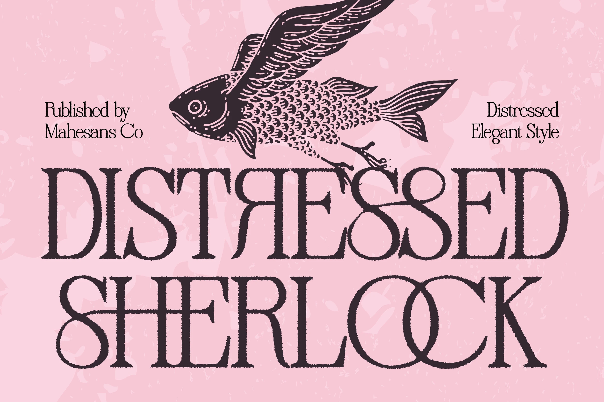 Distressed Sherlock Font preview with textured serif lettering in dark plum on a pink background