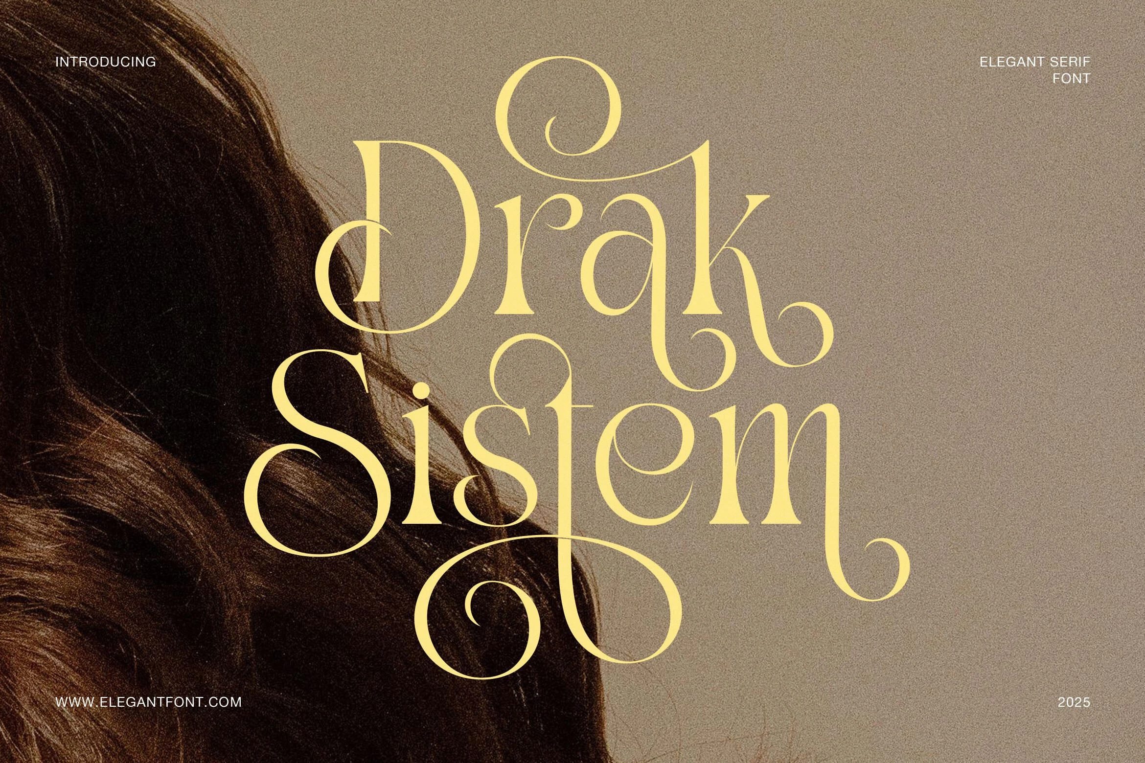 Drak Sistem Font preview with ornate yellow serif lettering and long swash curls