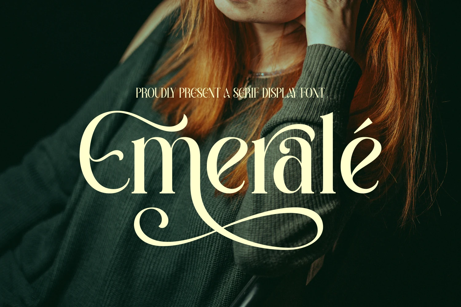 Emerale Font preview with ornate cream serif lettering for luxury branding