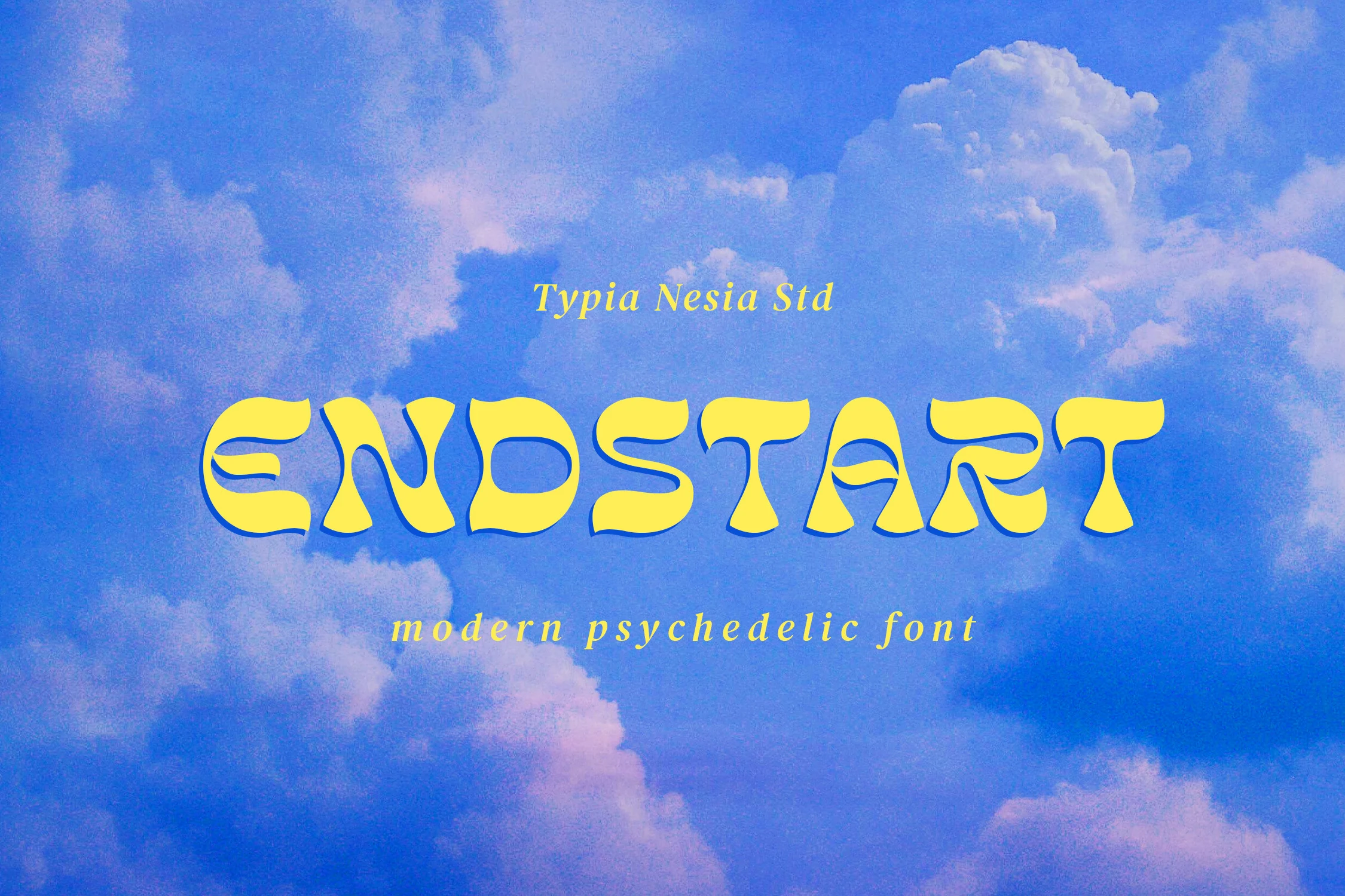 Endstart Font preview with yellow psychedelic uppercase lettering and blue shadow